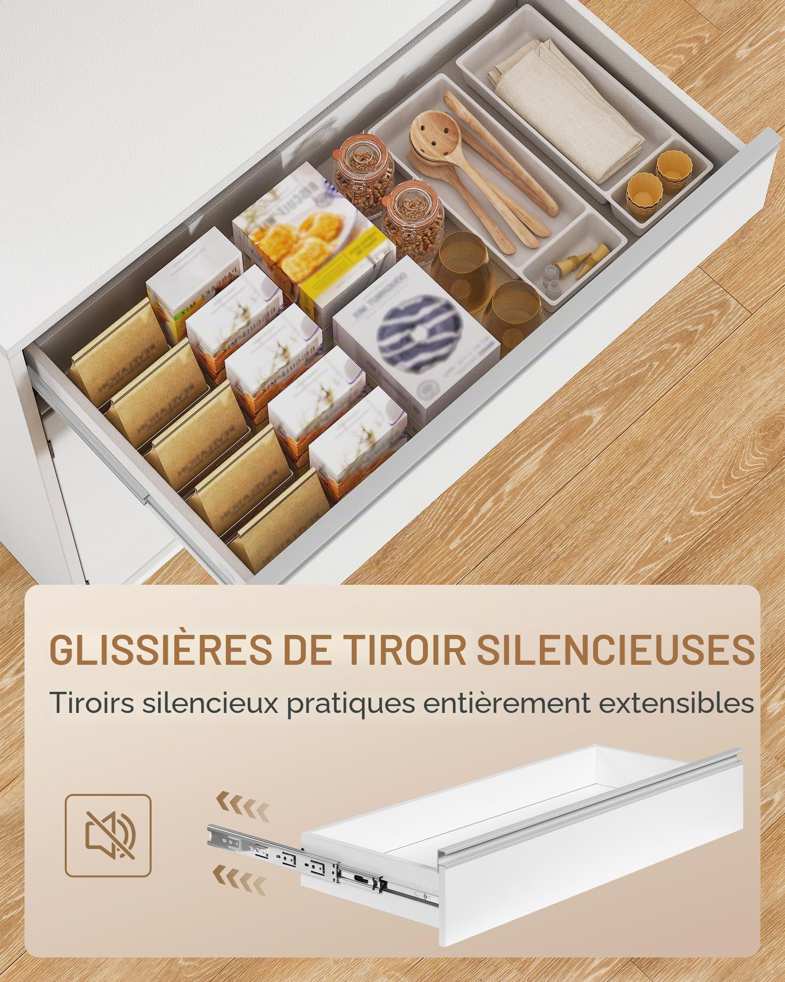 Hzuaneri Meuble Cuisine, Buffet Haut, Meuble de Rangement avec Plan de Travail et 4 Compartiments de Rangement, Cuisine, Salon, 40 x 75 x 180 cm, Blanc Naturel, PT40003XV1