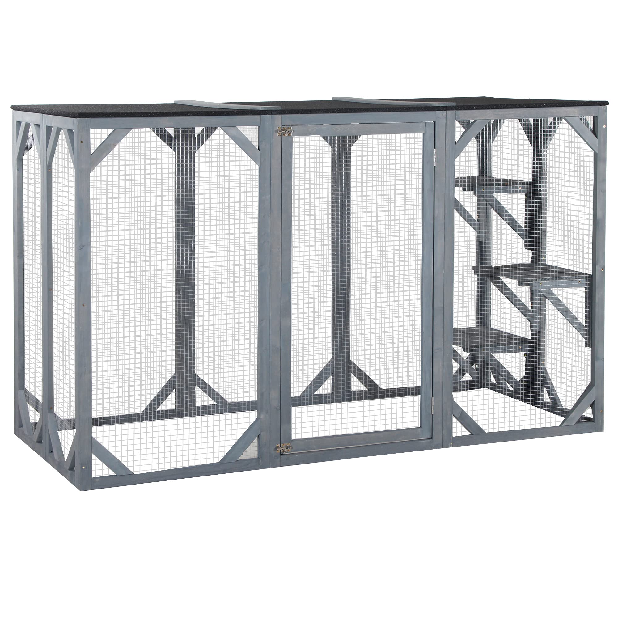 PawHut Outdoor Cat House, Catio Wooden Feral Cat Shelter, Cat Cage with Platforms, Large Enter Door, Weather Protection Asphalt Roof, 71" L, Gray