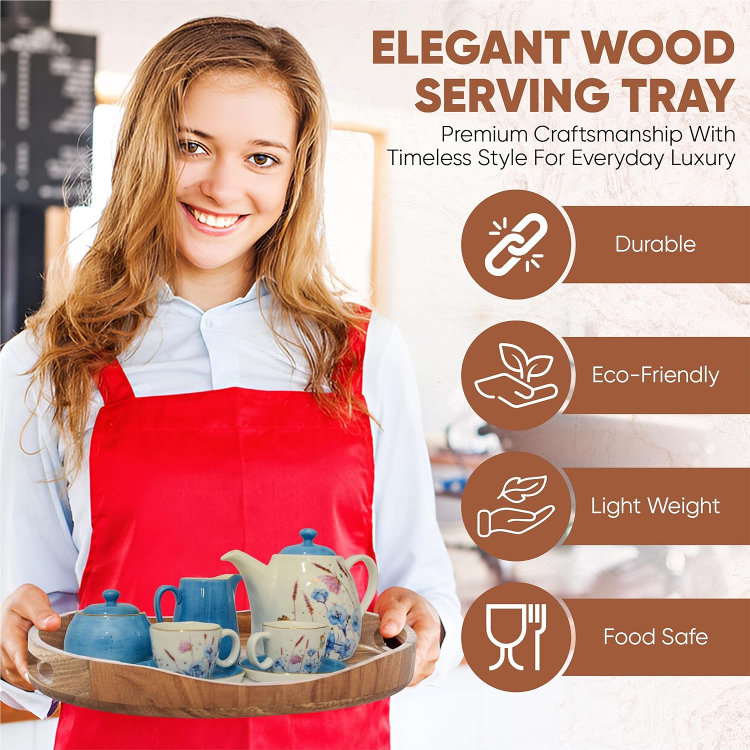 Serving Tray with Handles, Acacia Wood Oval Tray 17.3x12.9x1.9 Inch Large Wooden Coffee Table Ottoman Tray Breakfast in Bed Tray Decorative Rustic Farmhouse Home Décor Tray for Drinks Snacks & Candles