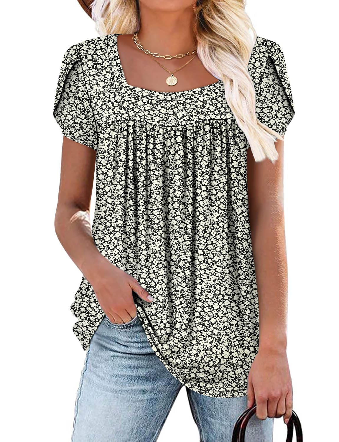 onlypuff Womens Short Sleeve Tunic Tops Blouse for Leggings Loose Fit Summer Square Neck Shirts S-3XL