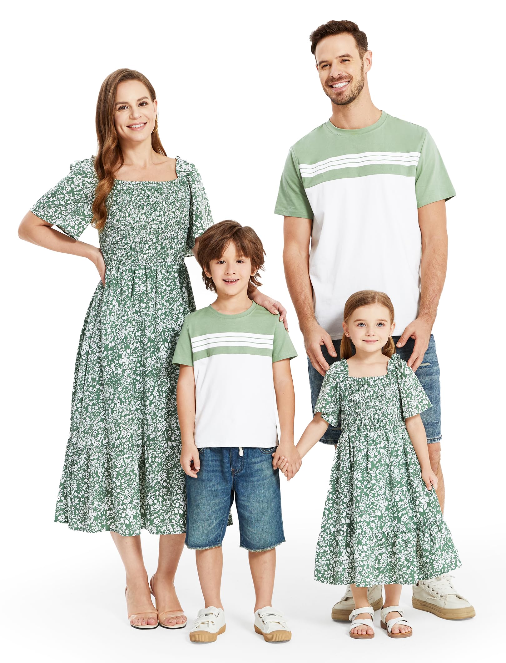 PATPAT Family Matching Outfits Boho Floral Print Square Neck Puff Sleeve Smocked Dress and Short Sleeve T-Shirts Matching Set