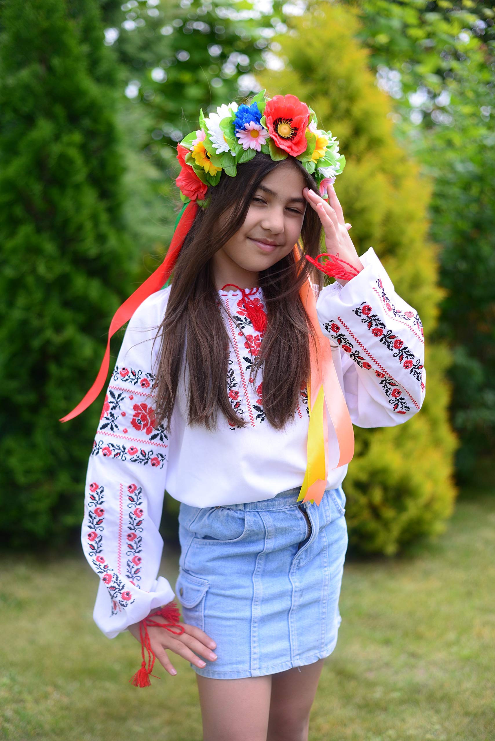 Camicetta popolare ucraina ricamata con cintura per ragazze bianco XX-Large