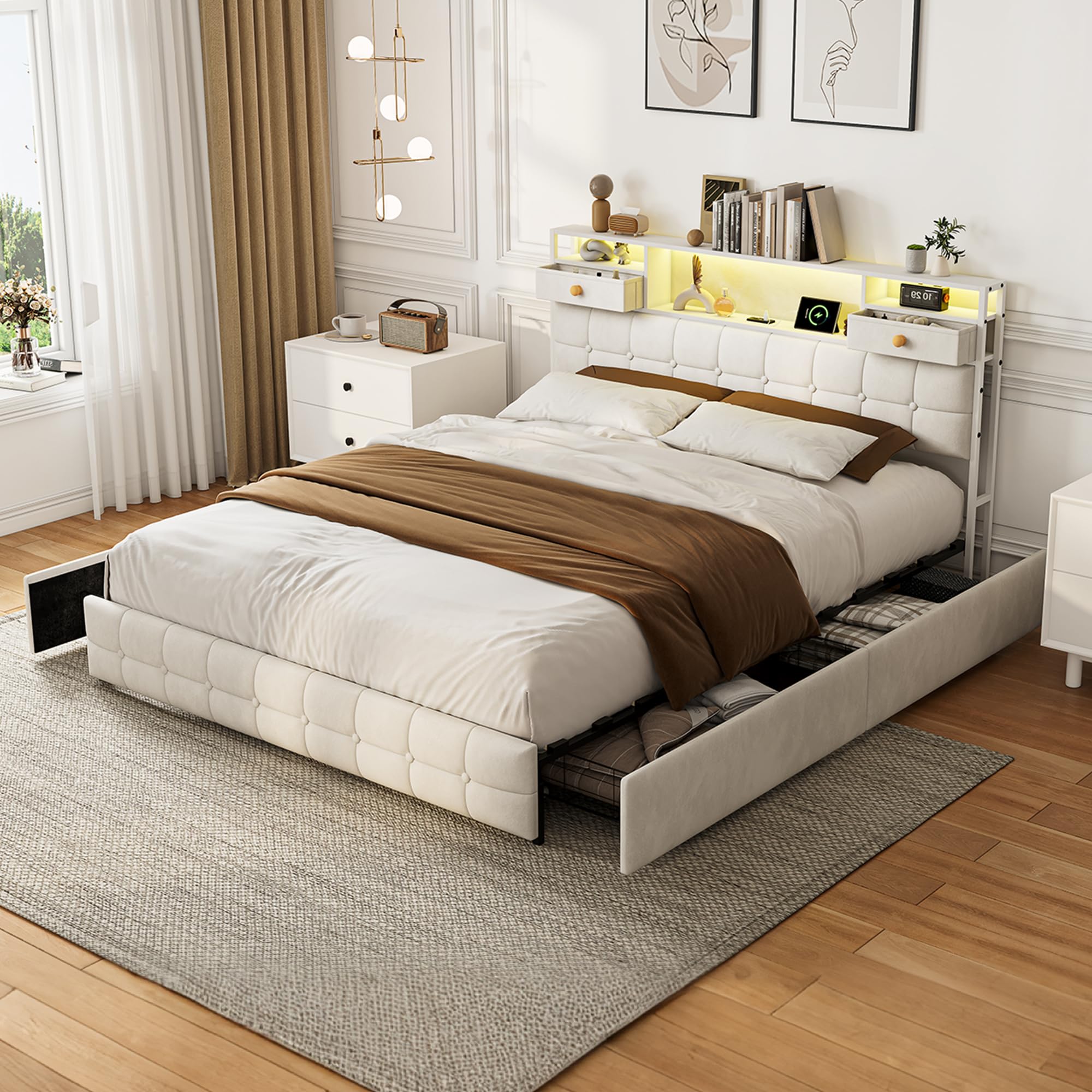 Letto imbottito 160 x 200 cm con LED e USB, telaio del letto con 4 cassetti, letto per adolescenti 160 x 200 cm con vano contenitore, letto matrimoniale con rete a doghe, telaio del letto