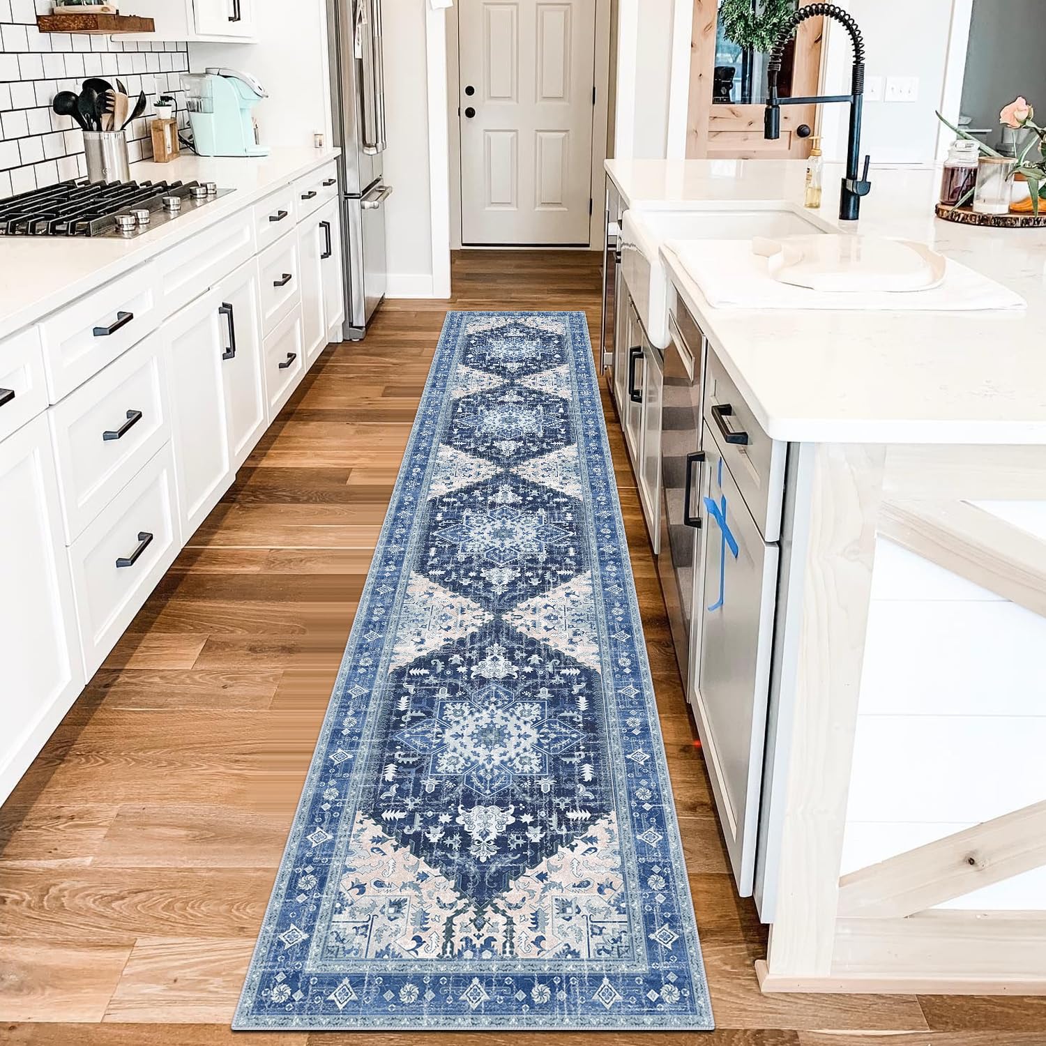 Yamaziot Washable Runner Rug, 2x10 Non-Slip Boho Vintage Hallway Rug Runner with Rubber Backing, Stain Resistant & Low Pile Faux Wool Distressed Carpet Runner for Kitchen, Laundry, Entrance, Blue 2' x 10' Blue