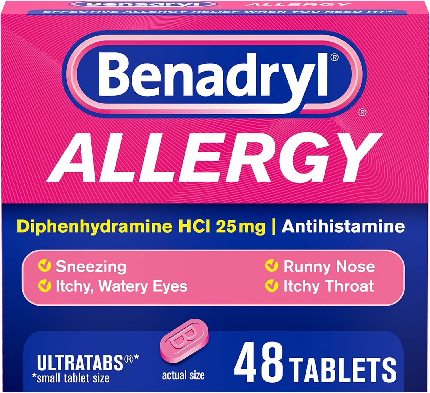Benadryl Ultratabs 抗組胺過敏緩解藥物 25 毫克二苯水胺鹽酸錠 緩解感冒和過敏症狀,例如打噴嚏、流鼻涕和眼睛和喉嚨瘙癢,48 克拉 健康與家庭