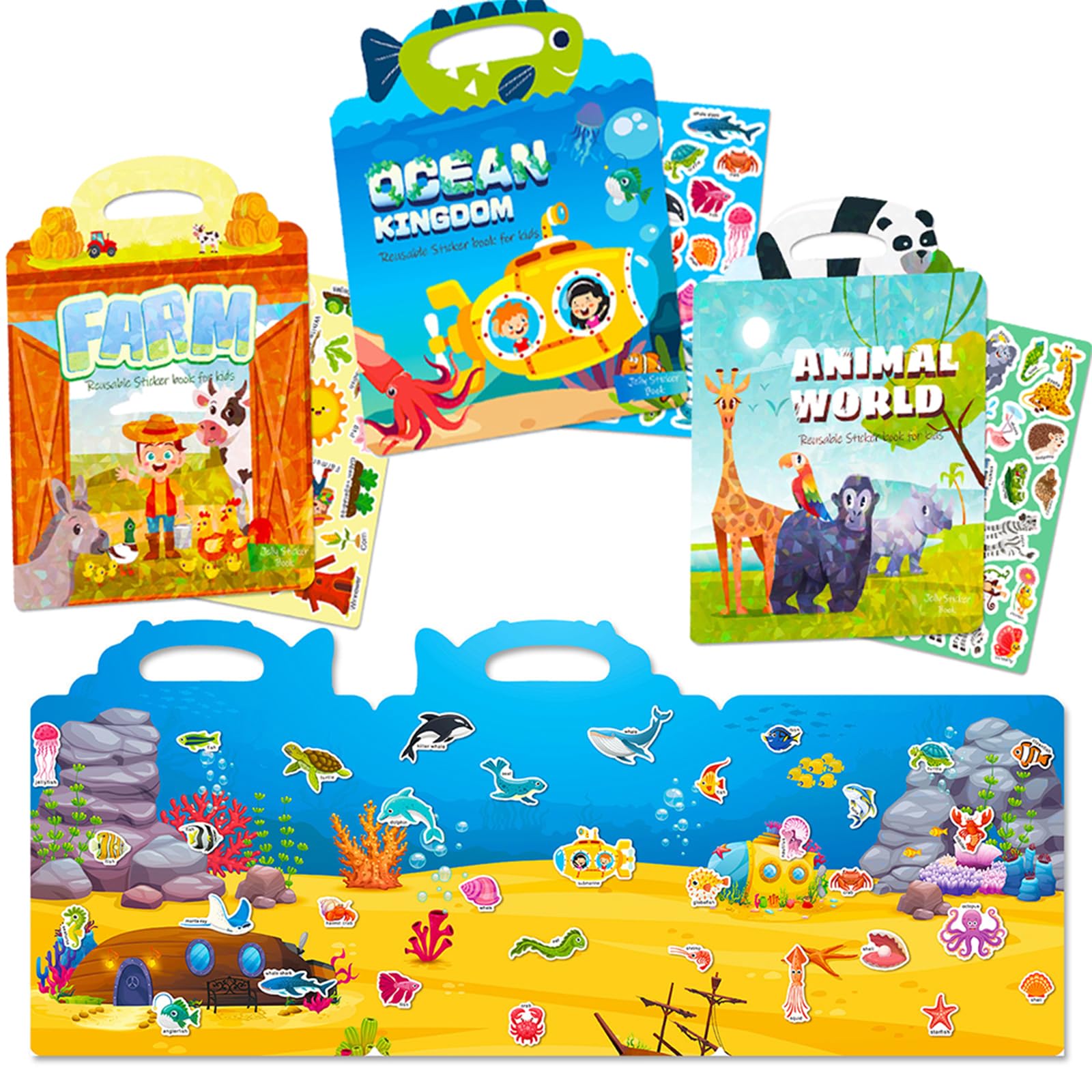 Reusable Sticker Books 3+ Year Olds Boys Girls, Animal World/Farm/Ocean Kingdom Waterproof Scene Storybook Toddlers, Early Development Kids Sensory Learning Game Montessori Educational Toys