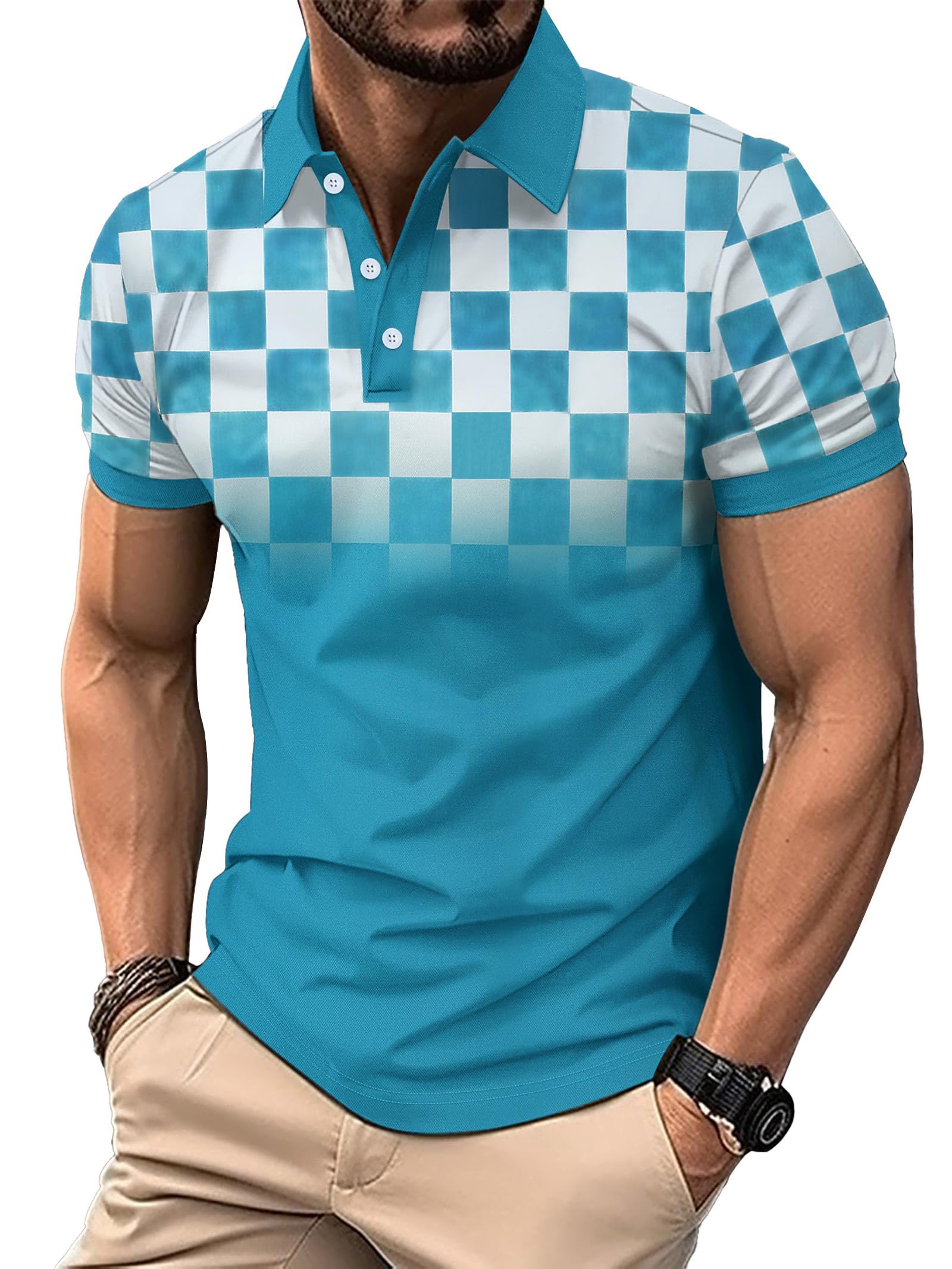 DEEX Men's Casual Polo Shirts Short Sleeve 2026 Stylish Checkered Color Block Summer Button T Shirt Lightweight Golf Slim Fit Shirts for Men with Collar Blue XL