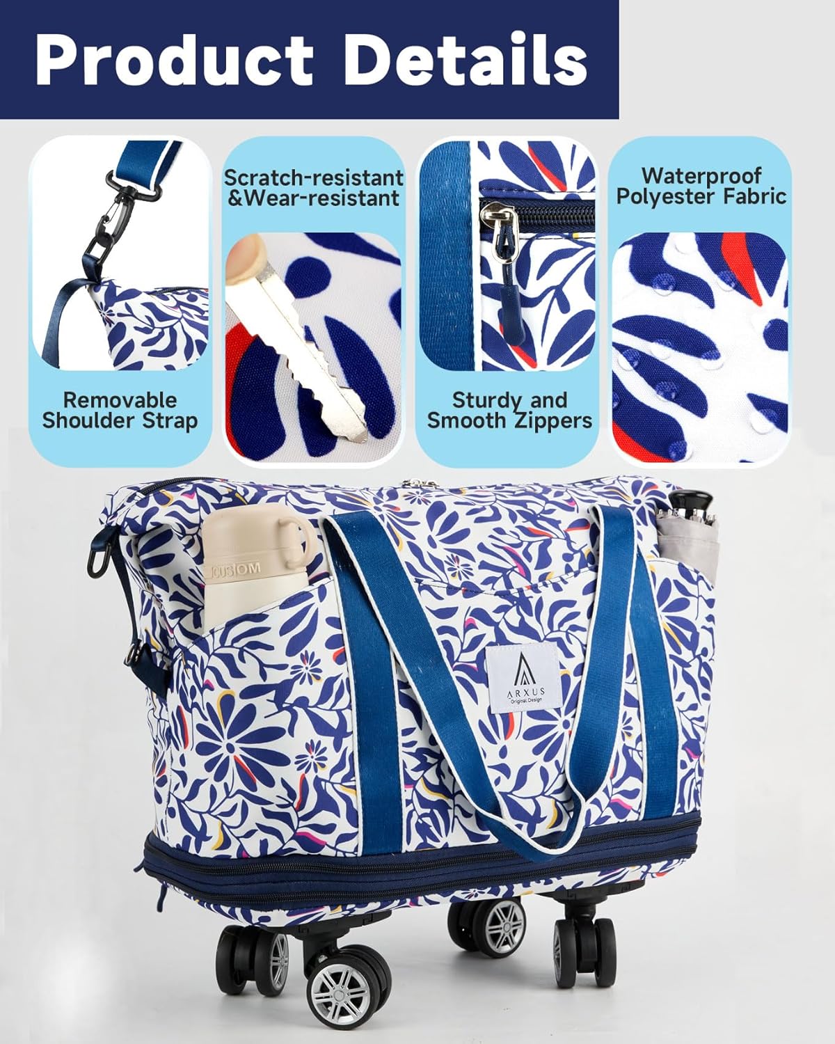 Arxus Rolling Duffle Bag with Detachable Wheels and Adjustable Shoulder Strap, Large Expandable Foldable Carry On Luggage Bag with Handle and Suitcase Sleeve, Weekend Travel Airplane 25L-55L - Image 6