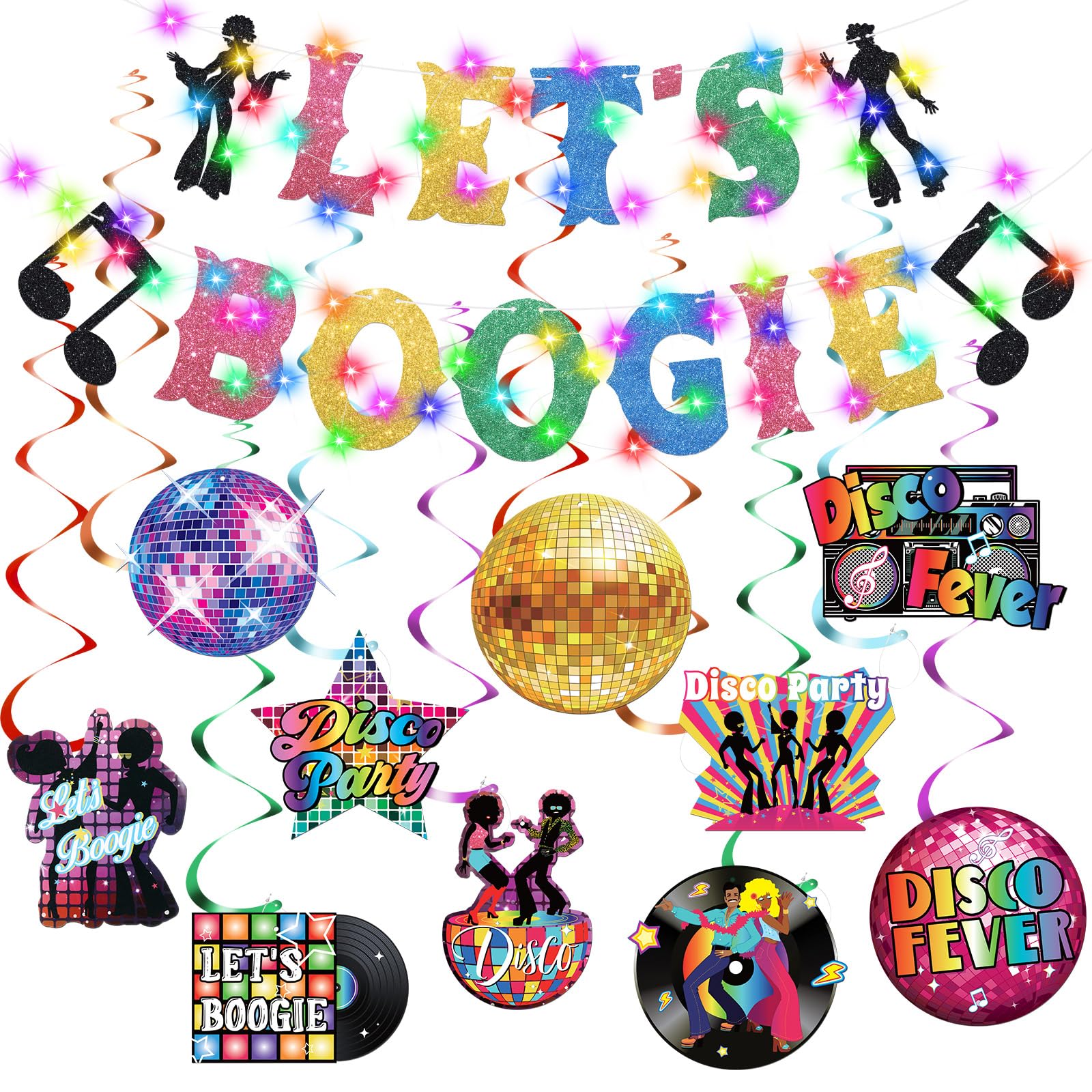 Epakh 35 Pcs 70s Disco Party Decorations with LED Color Lights 70s Party Banner and Hanging Swirls Disco Ceiling Hanging Decor for Back to Birthday