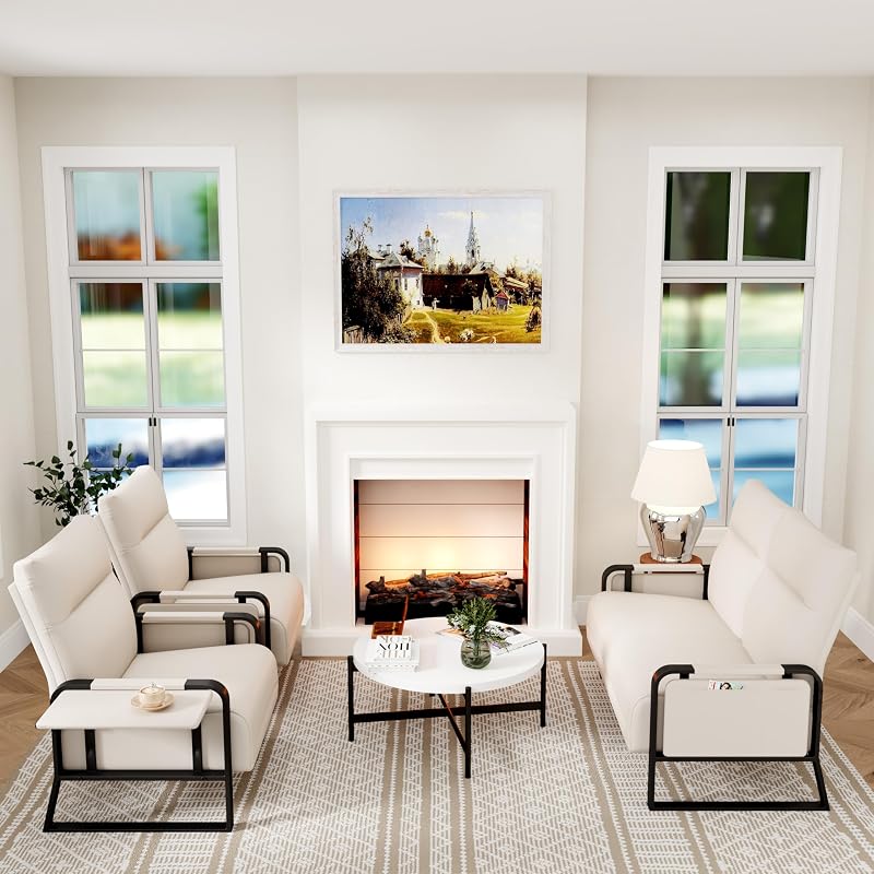 ALISH Conjuntos de muebles de sala de estar, sofá de dos plazas de piel sintética con mesa auxiliar y 2 sillones decorativos para sala de estar dormitorio (beige, 1 sofá de dos plazas y 2 sillas)