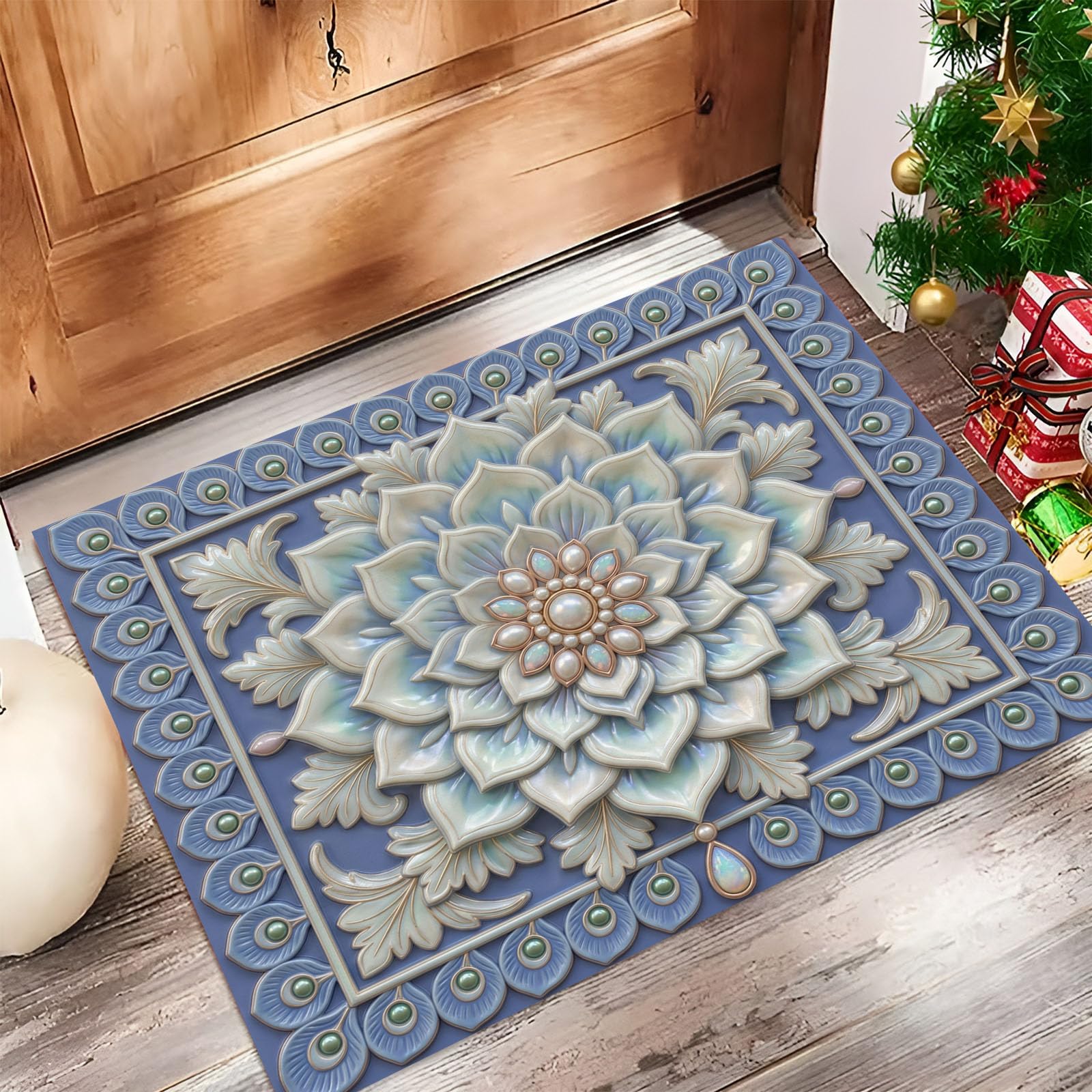 Zerbino Ingresso Interno Rilievo Tridimensionale A Forma Piuma Mandala, Zerbino Di Benvenuto Lavabile Morbida Fiori Perle Esotici, Antiscivolo Tappeto Da Decorazioni Blu Per Casa Porta, 90X150Cm