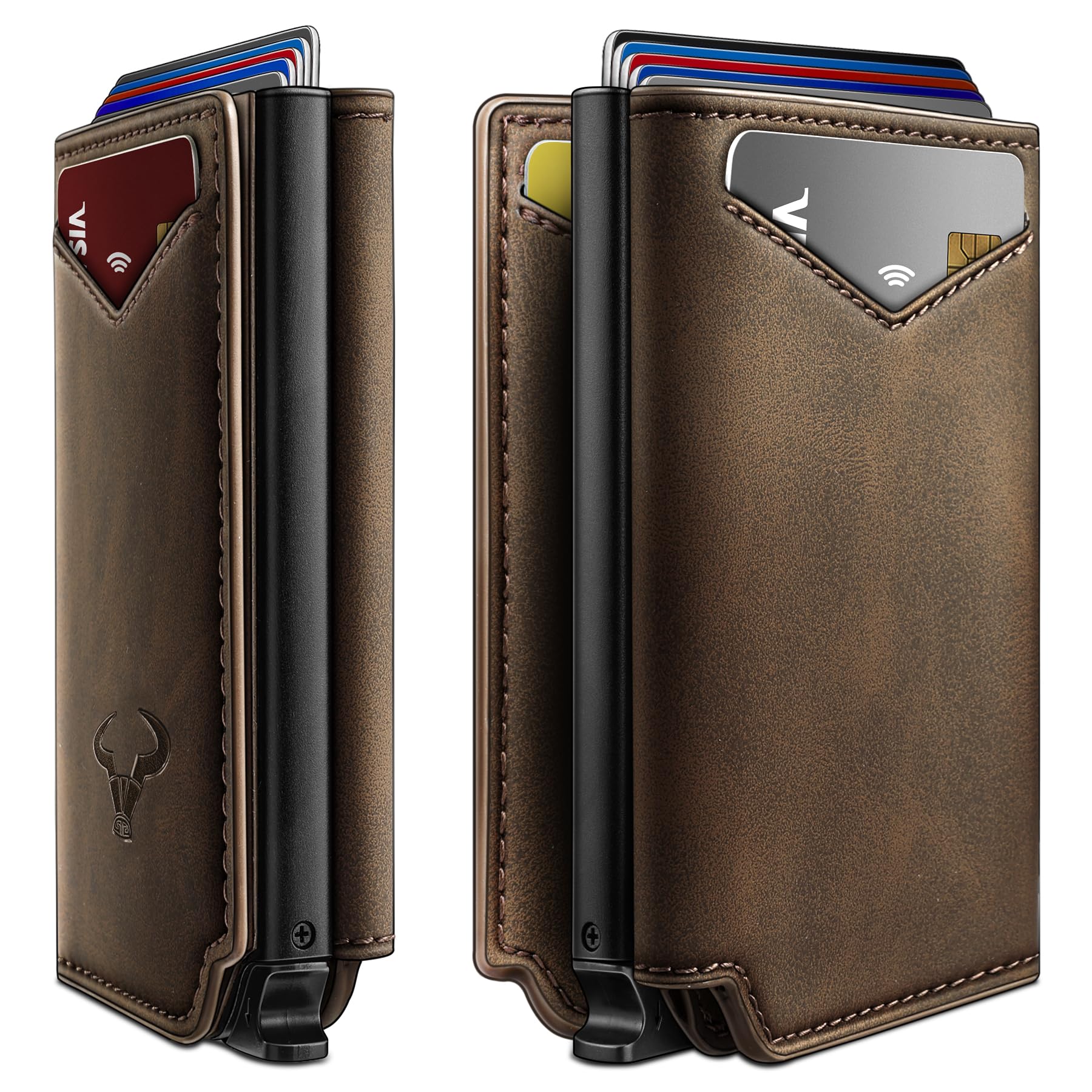 BULLIANT Men Wallet Leather Wallet Card Holders Money Clip for Men 10Cards-Magnetic Flip on Metal Case