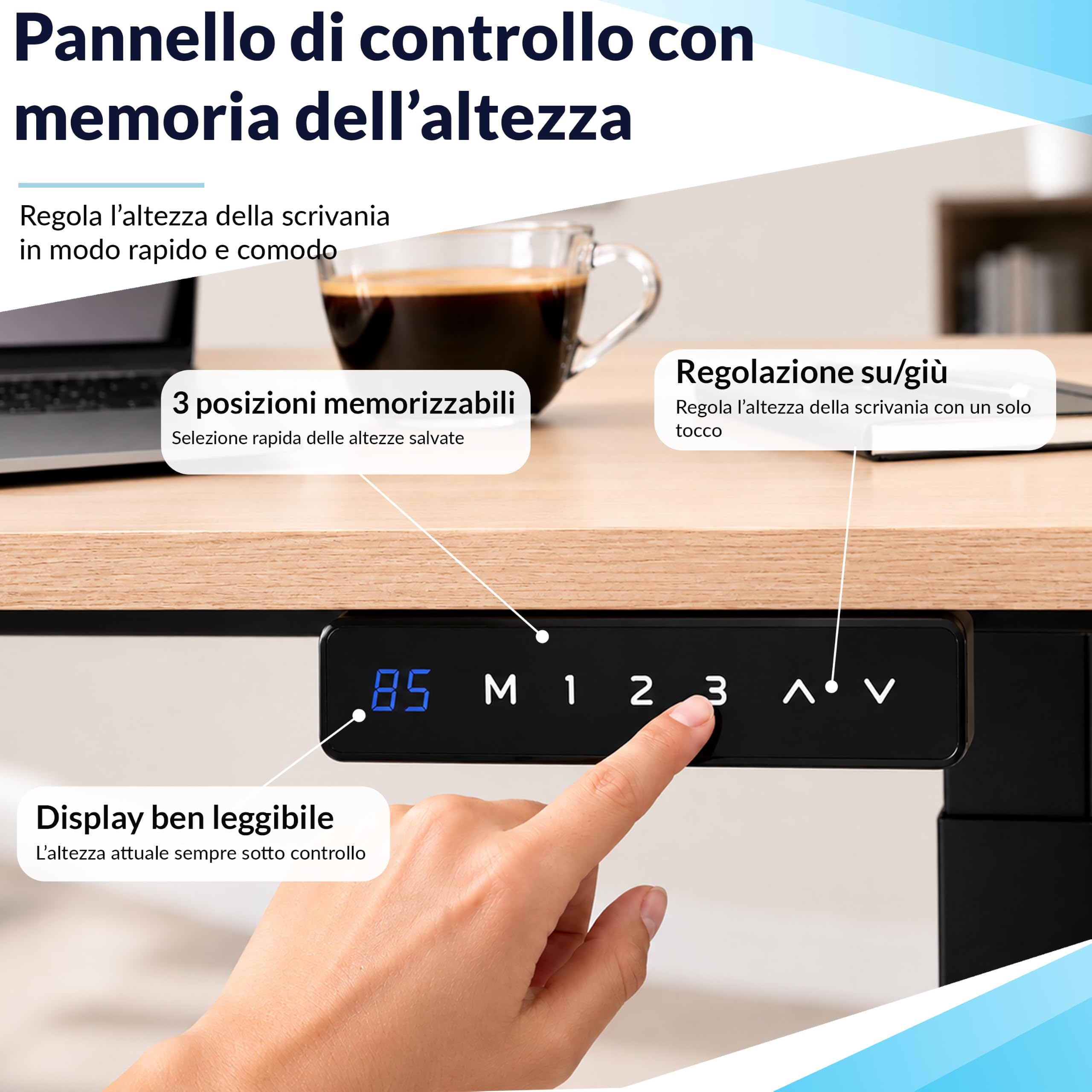 POKAR Scrivania Regolabile in Altezza Elettrica 160x80 cm | Piano Massiccio 25mm | Pannello Memory, USB-C e USB-A | Scrivania Motorizzata per Smart Working | Telaio Nero, Piano Quercia Craft Oro