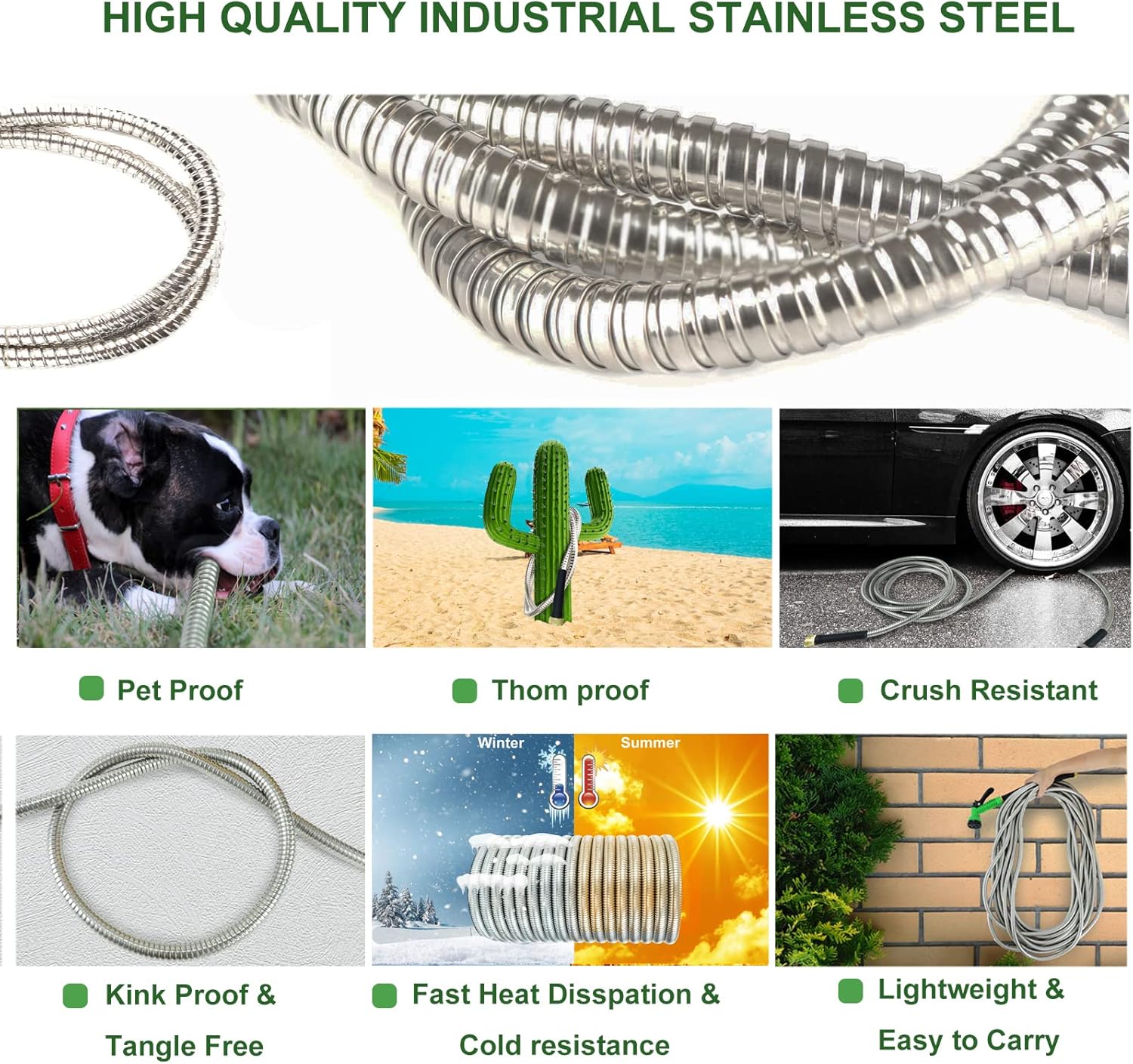 Metal Garden Hose 25 FT,Heavy Duty Garden Hose with 3/4'' Sprayer Nozzle - Leak Proof, Kink Free, Anti-rust, 5/8'' Diameter Stainless Hose, Ultra Lightweight & Durable and Easy Storage