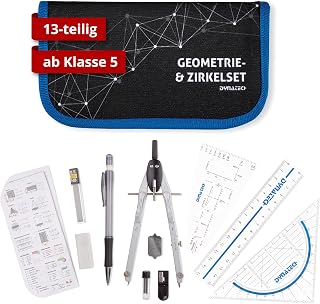 DynaTech Zirkel Set Geometrieset 13-Teilig mit Zirkel, Geodreieck, Parabel, Bleistift, Lineal, Spitzer und Ersatzminen im Etui mit Reißverschluss blau - praktisches Mathematik-Set inkl. Federmappe