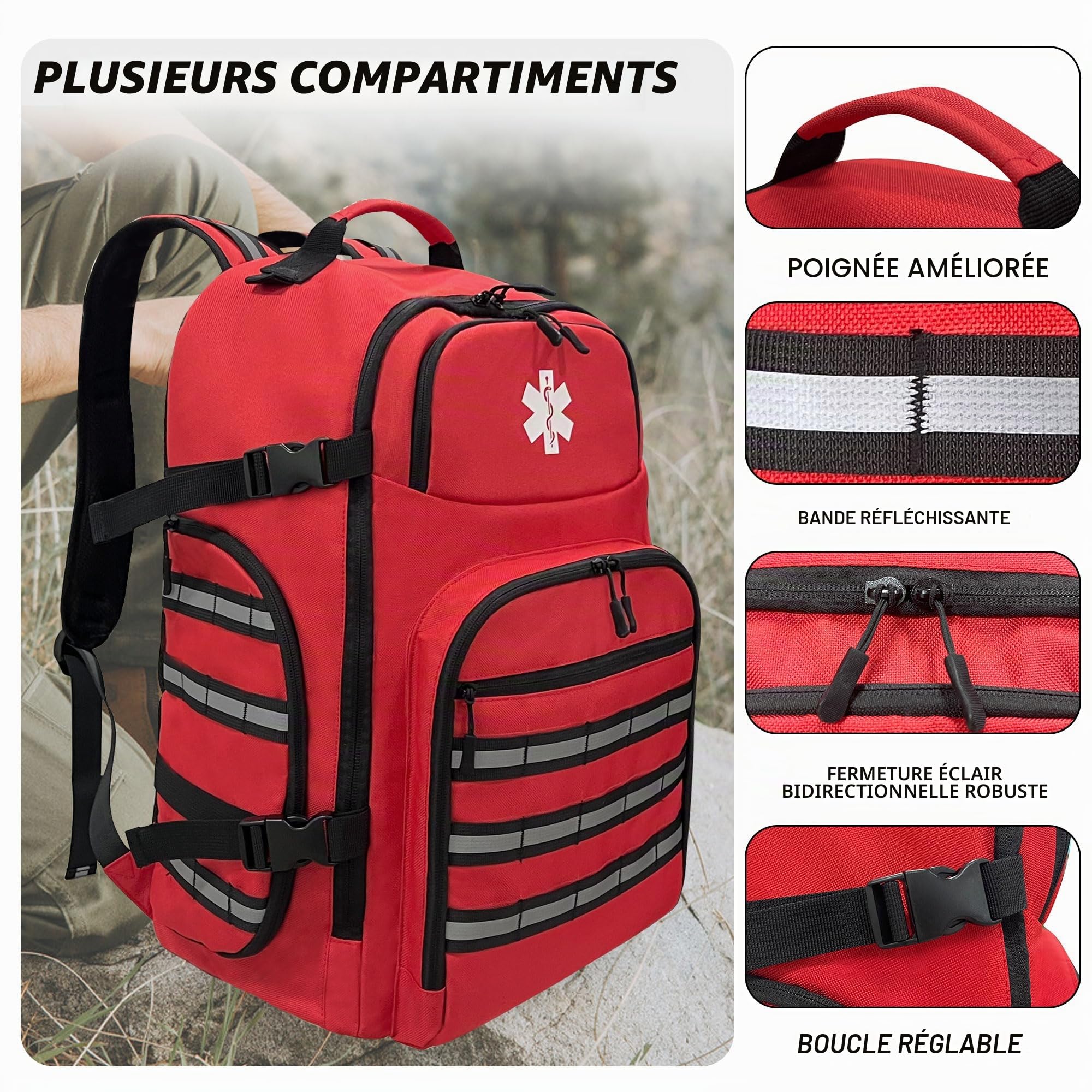 Sac de premiers secours, Sac médical d'urgence vide, avec bandes réfléchissantes, pour camping, randonnée, jardin d'enfants, plein air, rouge (Sac seulement)