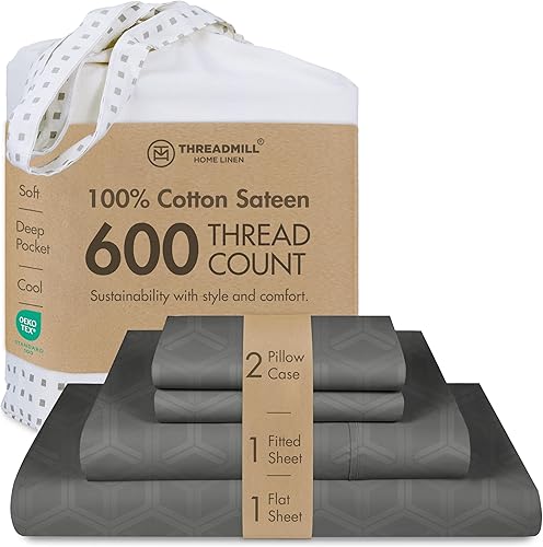 Threadmill Sábanas de tamaño matrimonial, 100 % algodón puro de 600 hilos, 4 piezas, rayas, damasco, gris oscuro, calidad de hotel, algodón peinado