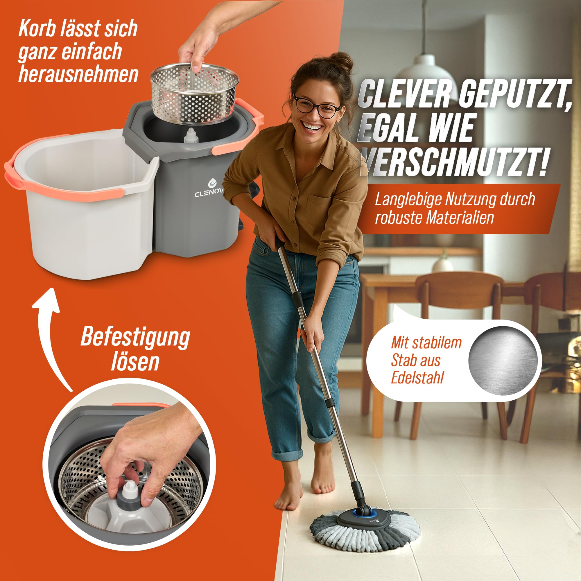 Wischmopp Set mit Eimer [Schmutzwasser Trennung] Bodenwischer mit Pedal-Auswringfunktion & 2 Mikrofaserbezügen – Mop Set für alle Bodenarten