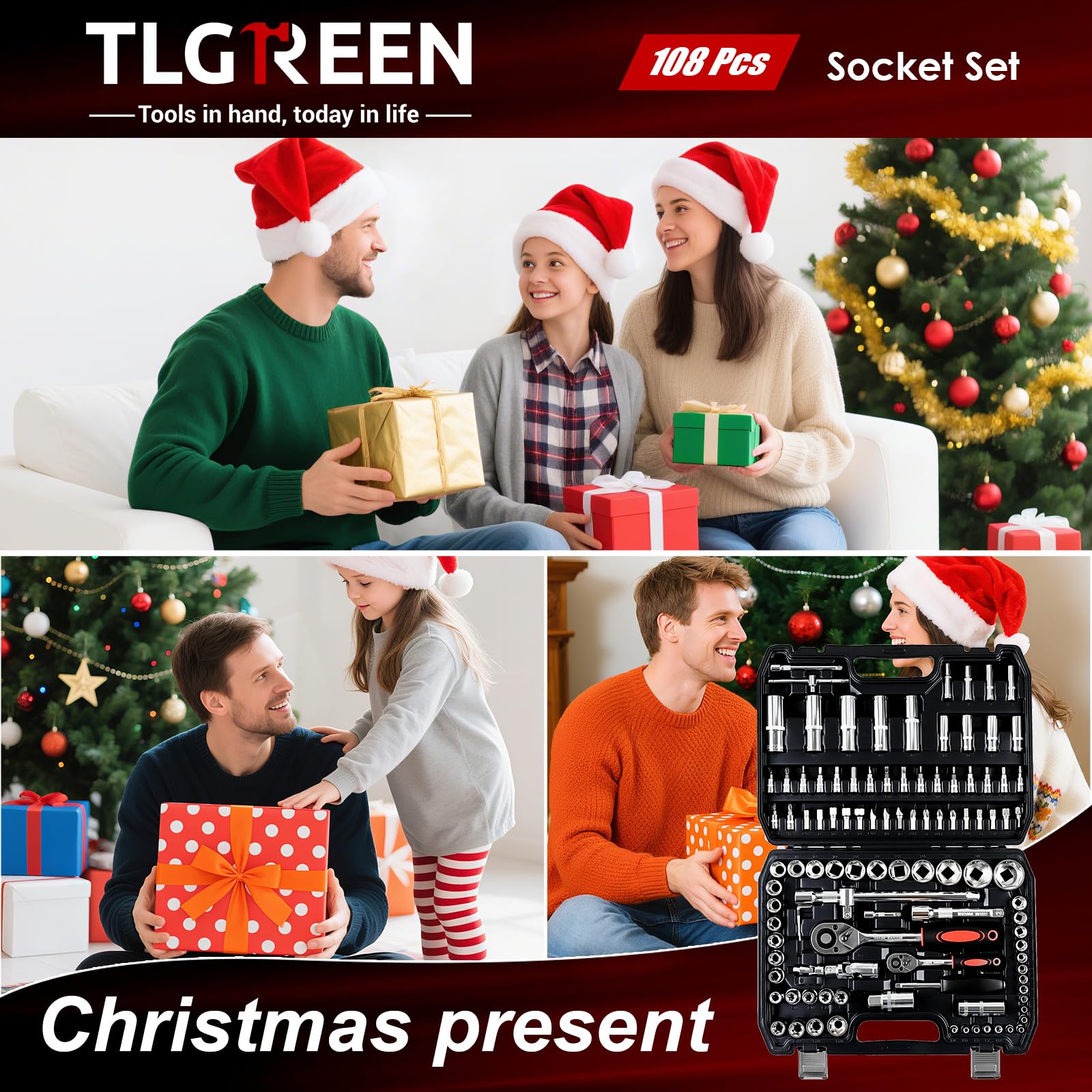 TLGREEN 108-teilig Steckschlüsselsatz Cr-V Steckschlüssel Set Ratschenkasten Knarrenkasten mit 1/4" und 1/2" 72 Zähne Umschaltknarre Sechskant Steckschlüsseleinsatz für Auto Motorrad Fahrrad Heim