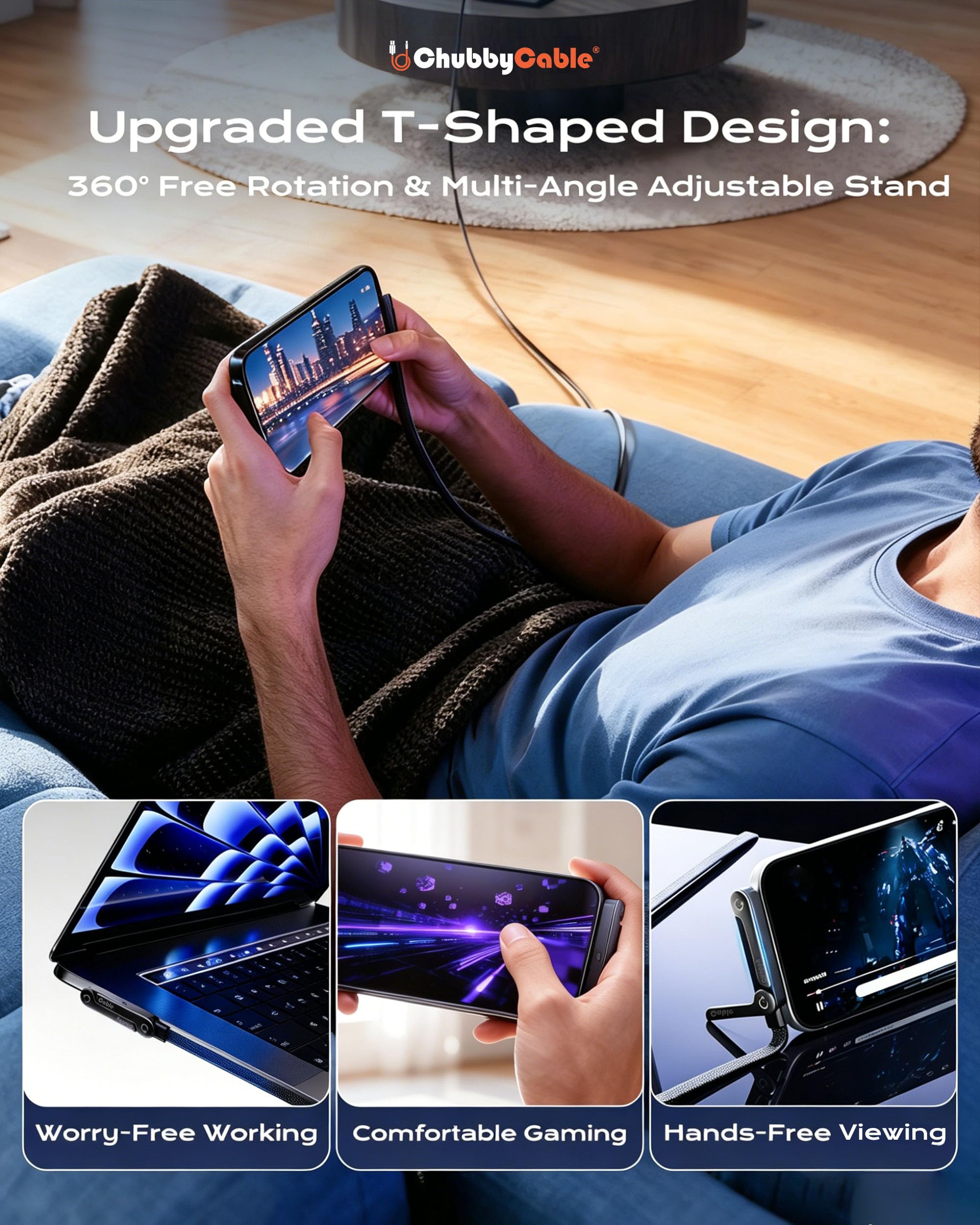 chubbycable StandLite - Cavo di ricarica rapida intrecciato da 240 W con supporto per telefono integrato, a forma di T, pieghevole, durevole, cavo USB-C a 90 gradi, cavo di ricarica multifunzione ad