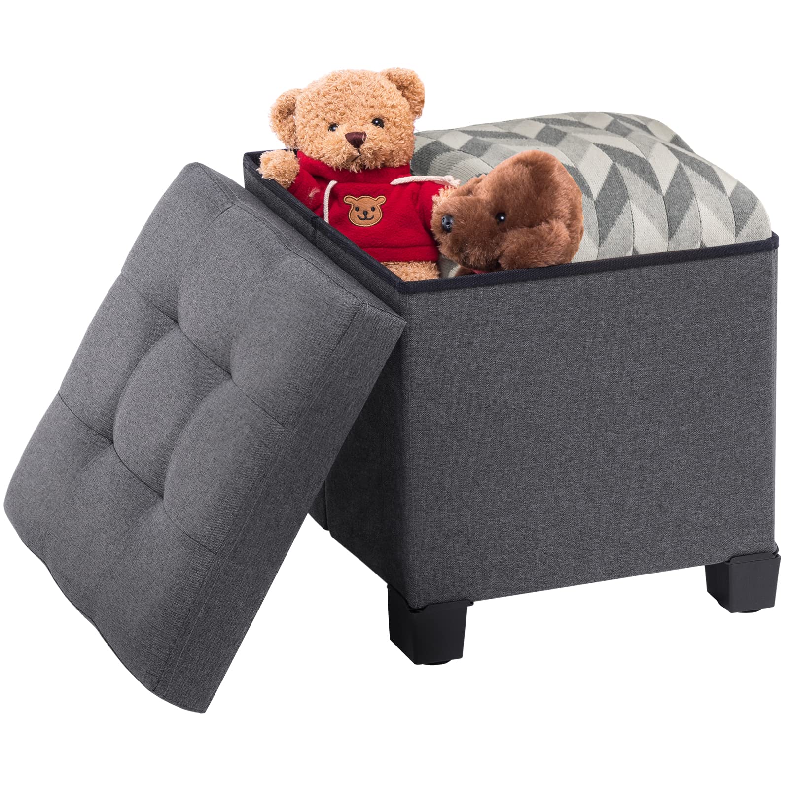 Apicizon 15 inches Small Storage Ottoman Cube, Foot Stool Foldable Storage Boxes with 4 Plastic Legs for Living Room Bedroom, Grey