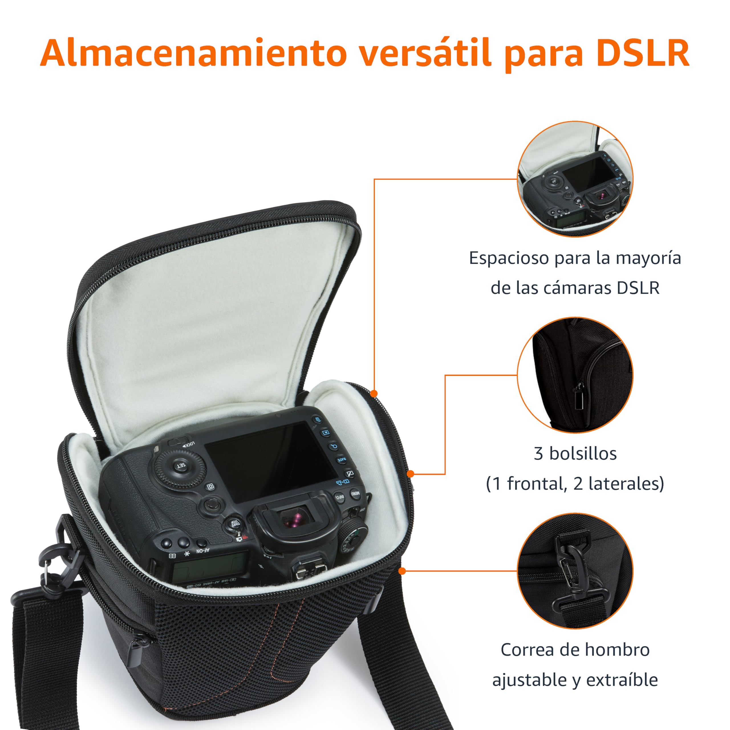 Amazon Basics Bolso Bandolera Estilo Funda para Cuerpo de Cámara SLR y Objetivo, Correa Desmontable, Impermeable, Antiimpactos, Acolchado, Sólido, Bolsillo para Accesorios - Negro, 17,5 x 16 x 23 cm