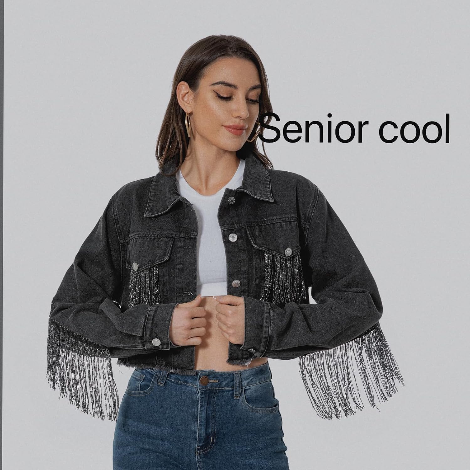 Fringe Denim Jean Jacket Cropped Rhinestone Denim Jacket Distressed Long Sleeve Tassel Jean Coat for Women - Image 3