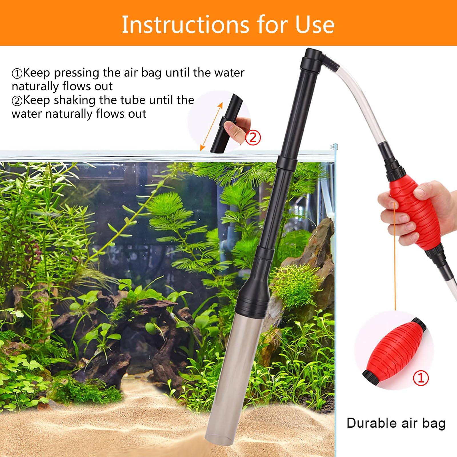 Aspirador Sifónico para Acuarios, Manguera Sifónica Manual con Bolsa De Aire Duradera, Herramientas De Limpieza para Acuarios, Limpiador De Algas para Peceras, Limpieza De Grava y Arena(A)