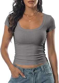 DUOEASE Tshirt Damen Casual U-Ausschnitt Top Damen Sexy Slim Fit Crop Top Sommer