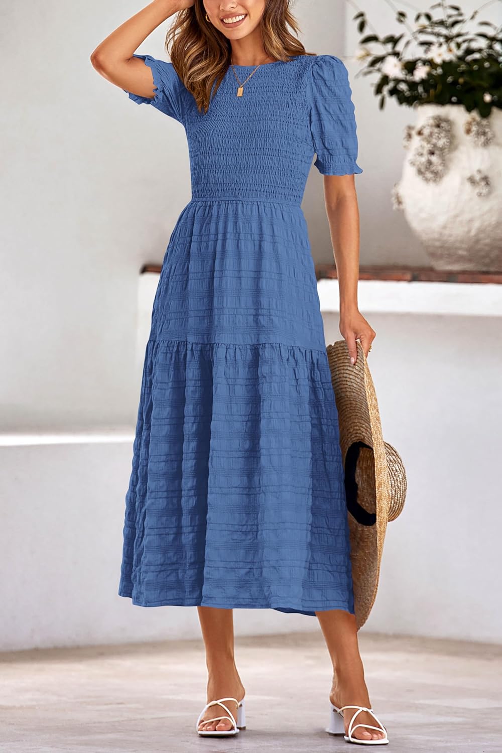 dowerme Womens Summer Dresses 2026 Casual Puff Short Sleeve Crewneck Smocked Flowy Ruffle Boho Beach Party Maxi Sundress(Grey Blue,Small,New) - Image 7