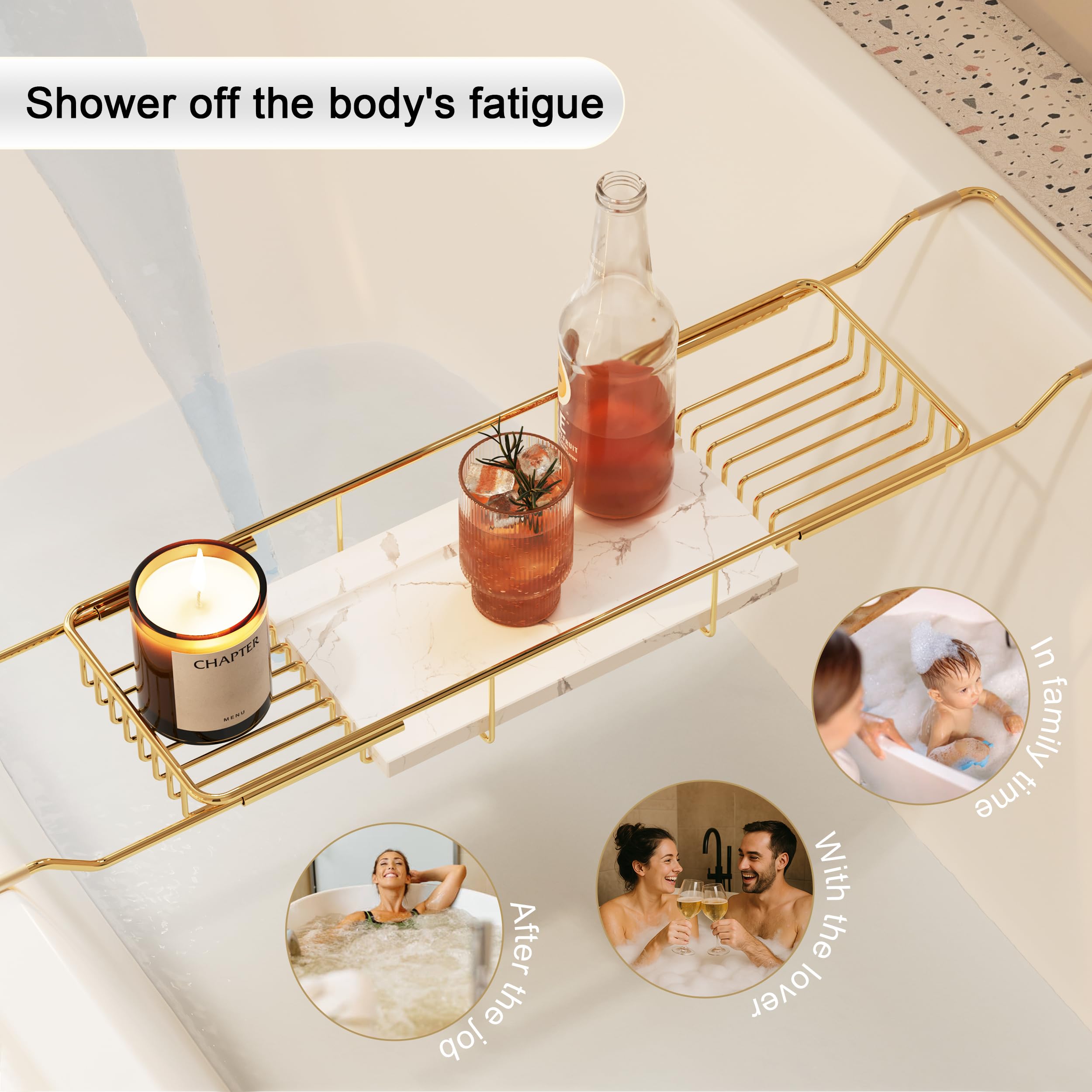 BVL Plateau de Bain Doré en Acier Inoxydable avec Marbre Blanc, Étagère de Bain Réglable pour Ensemble de Baignoire