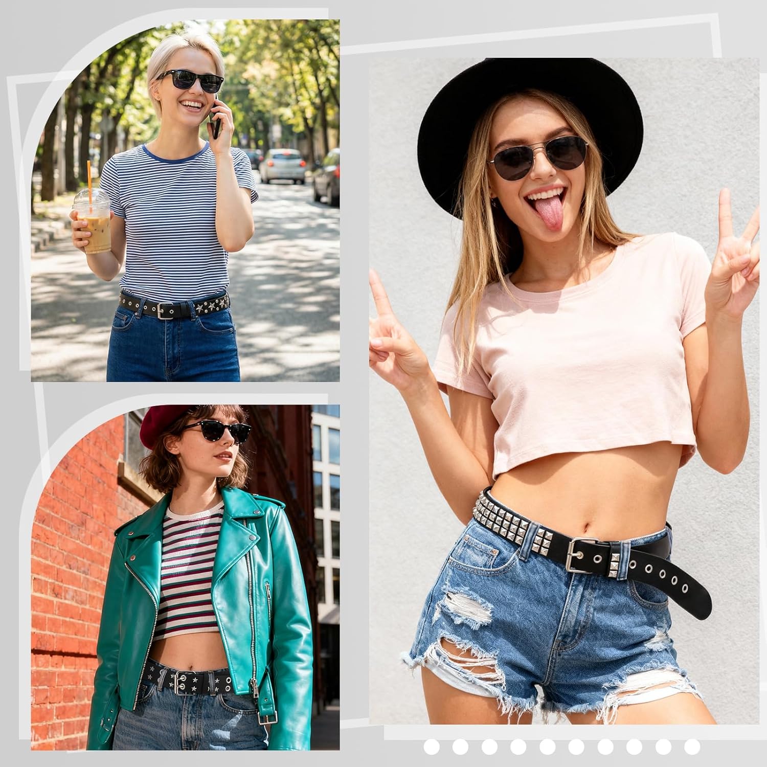 JATEBI 3 Pcs Y2K Black Studded Belt Metal Goth Punk Rock Belts with Shiny Pyramid Studded and Star for Women - Image 6