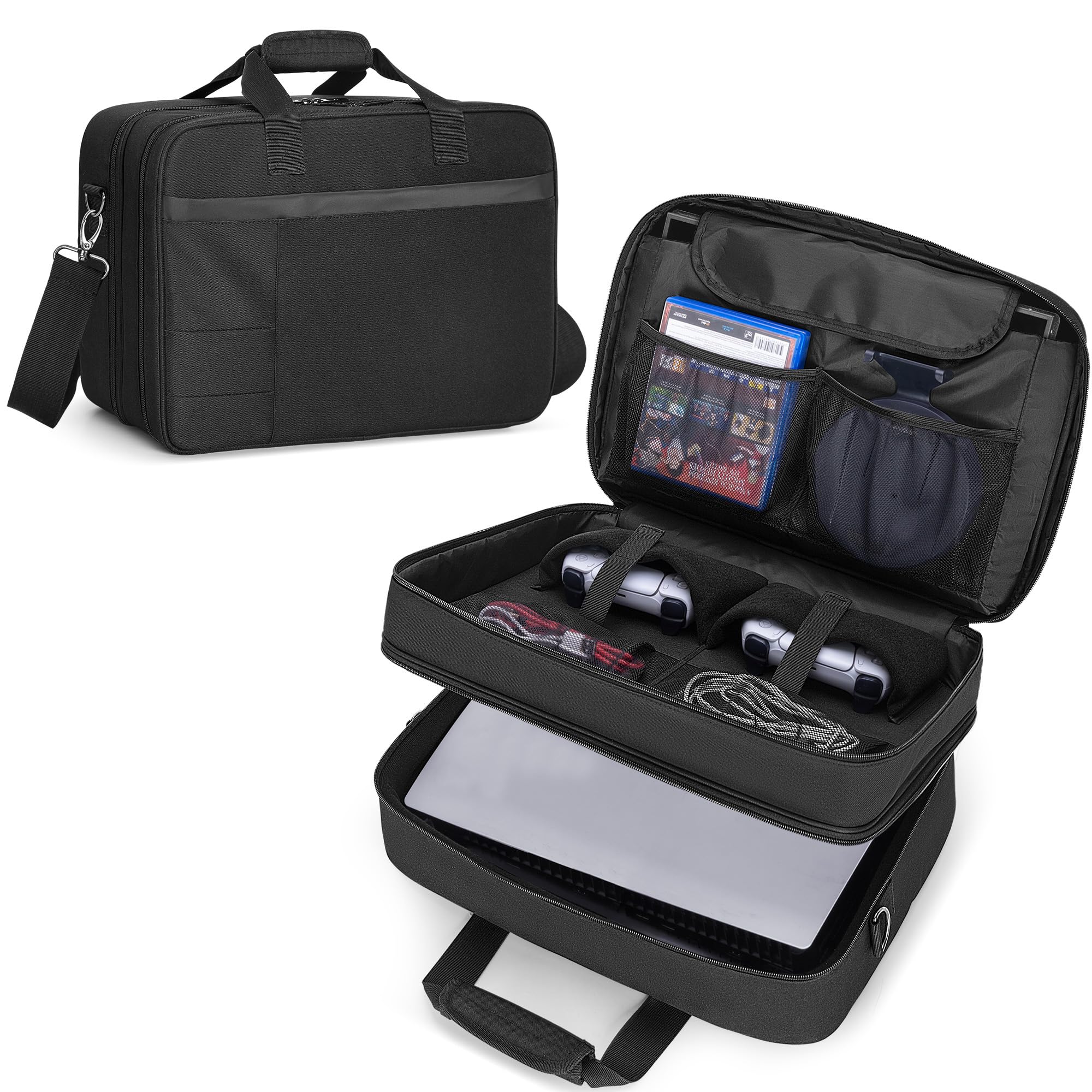 CURMIO Bolsa de Transporte Compatible con PS5, PS5 Slim, PS4, Negro | Funda de Viaje para Consola de Doble Capa, Compartimento Acolchado para Portátil, Bolsa Vacía