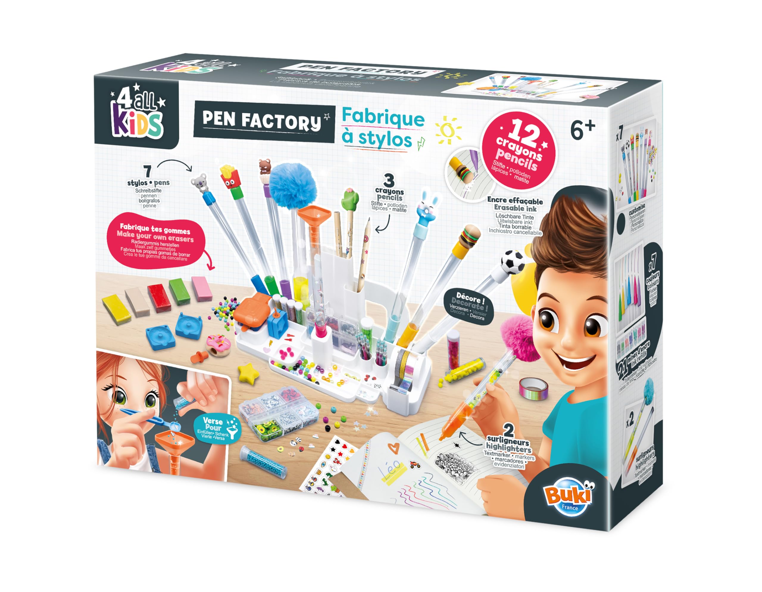Buki- Fabrique à stylos - Station de Customisation Crayons et Bureau – Kit Créatif Enfant dès 6 Ans – Stylos, Stickers, Masking Tape, Gommes à Fabriquer, Accessoires DIY Inclus - FK007