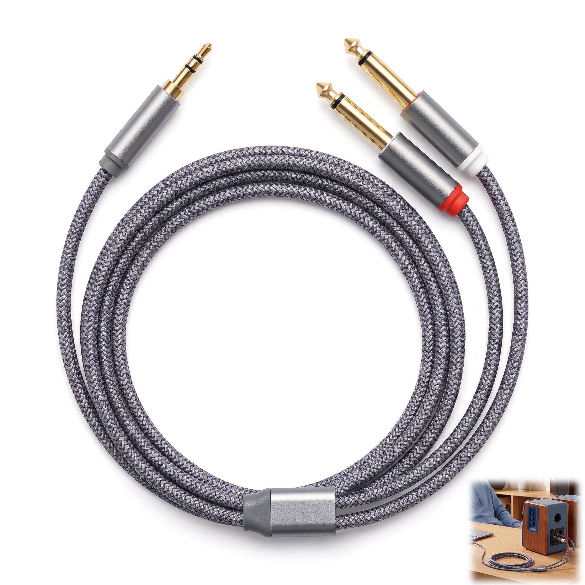 Audiokabel, 3,5 mm TRS auf Dual 6,35 mm TS Mono, Y Splitter, Stereo-Adapter, Nylon, geflochten, 3,5 mm auf 2 x 6,35 mm Stecker, vergoldet, für Mischpult, Verstärker, Gitarre, Klavier, Home Studio, 1 m