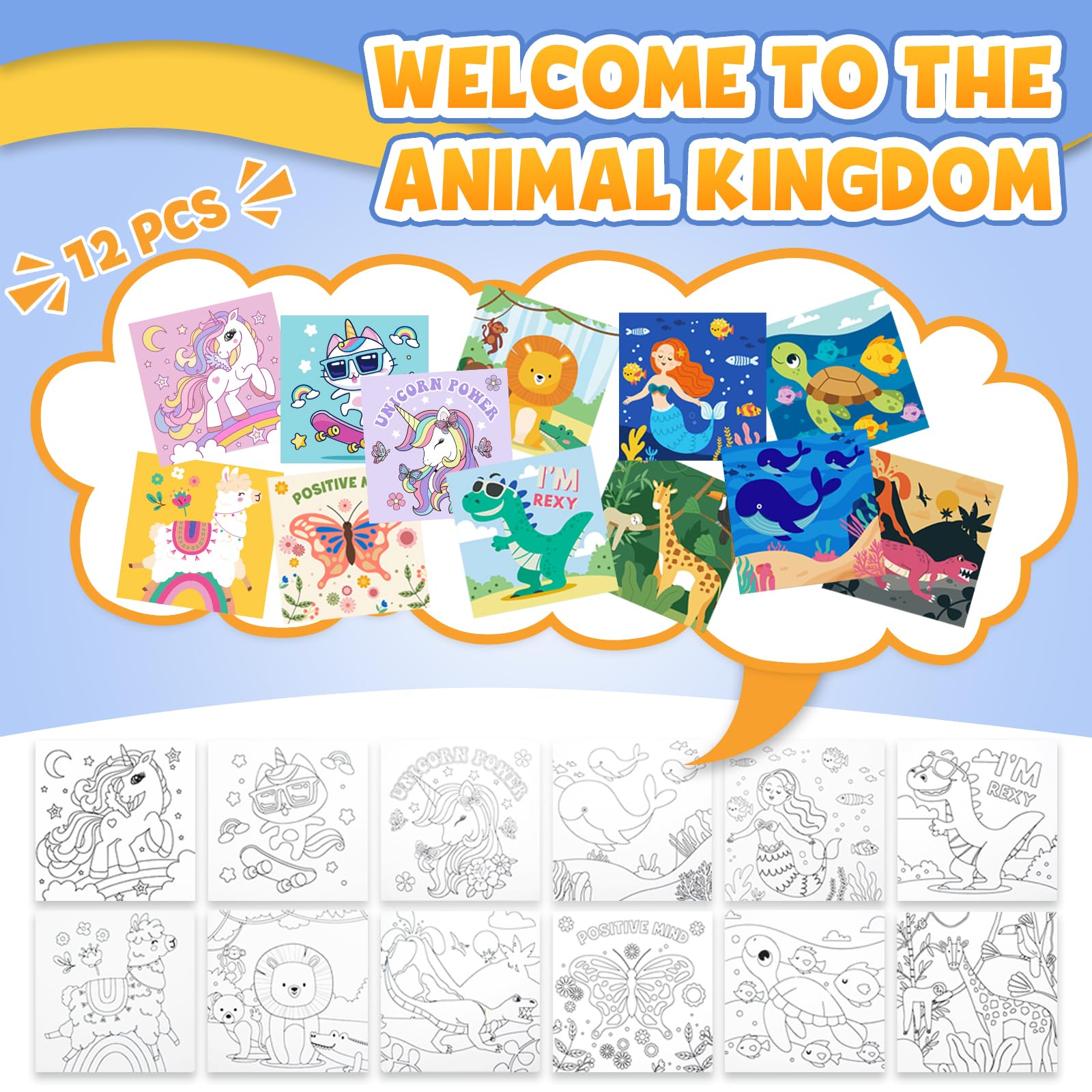 CONDA 12 Pcs Pre Drawn Canvas to Paint 6x6 Inch, Animal Pre Printed Canvas for Painting for Kids Beginners Students, DIY Paint Art Supplies, Painting Canvas Panels and Sip Kit