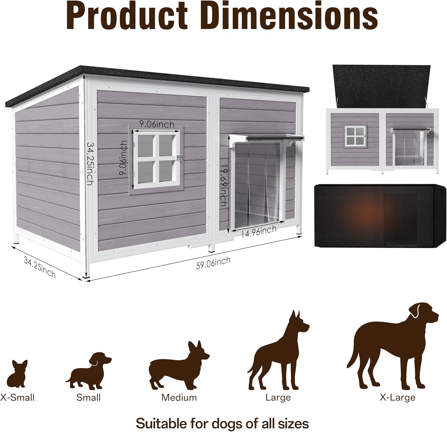 59" Outdoor Dog House with Insulated Liner, Extra Large Breed Dog Kennel, Keep Warm in Winter Outside, Easy to Install Heated Anti-Chewing Metal Frame Design for Small Medium Large Dogs