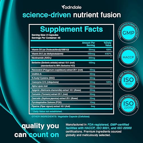 Miniatura 5 de Adndale Suplemento NAD. Fórmula de longevidad Urolitina-A Berberina con NAD liposomal, resveratrol trans, CoQ10. Alternativa de suplemento NMN. 90