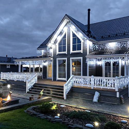 Miniatura 136 de Luces de Navidad de carámbano para exteriores, 66 pies, 640 luces LED de carámbano para exteriores con 8 modos de temporizador, impermeable, Blanco