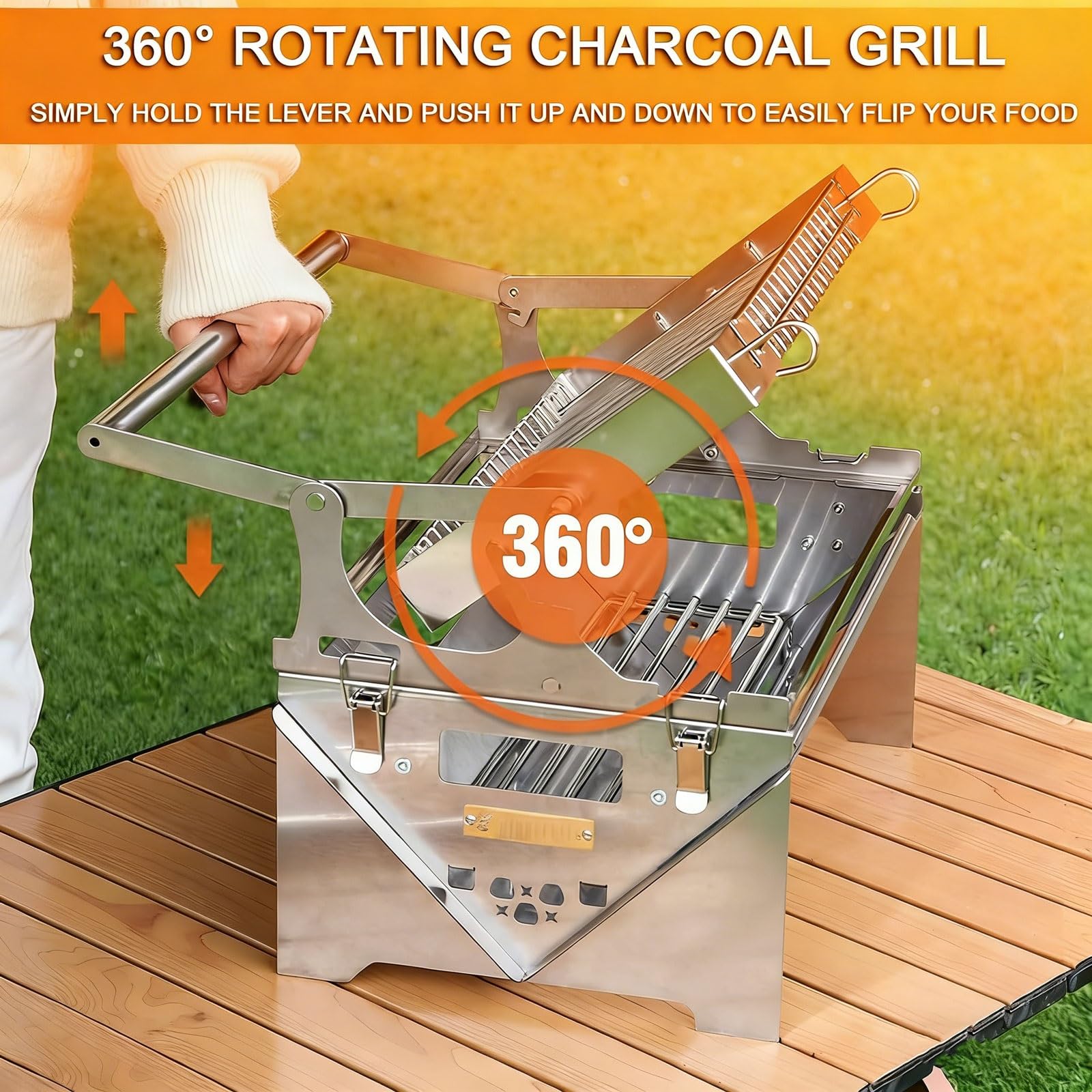360 Rotating Portable Charcoal Grill, składany grill ze stali nierdzewnej z paskiem stylowym, kompaktowe gotowanie na świeżym powietrzu na ognisko na pikniki, RV, plecak, plaża