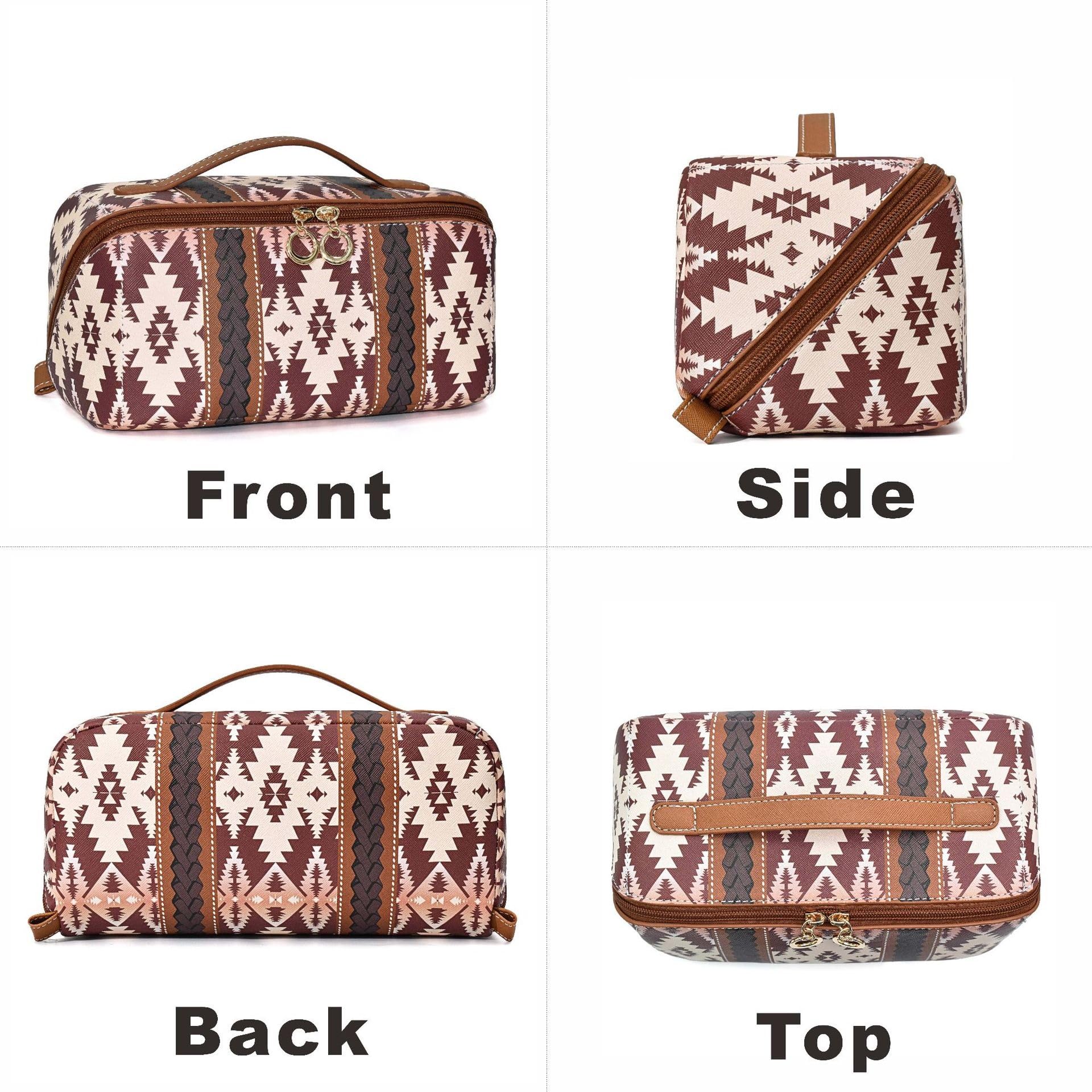 Neceser Maquillaje Bolsa de Maquillaje Estilo Bohemio con diseño de Bloques de Colores, versátil y Abierta con Divisor. Viaje(Light Brown)