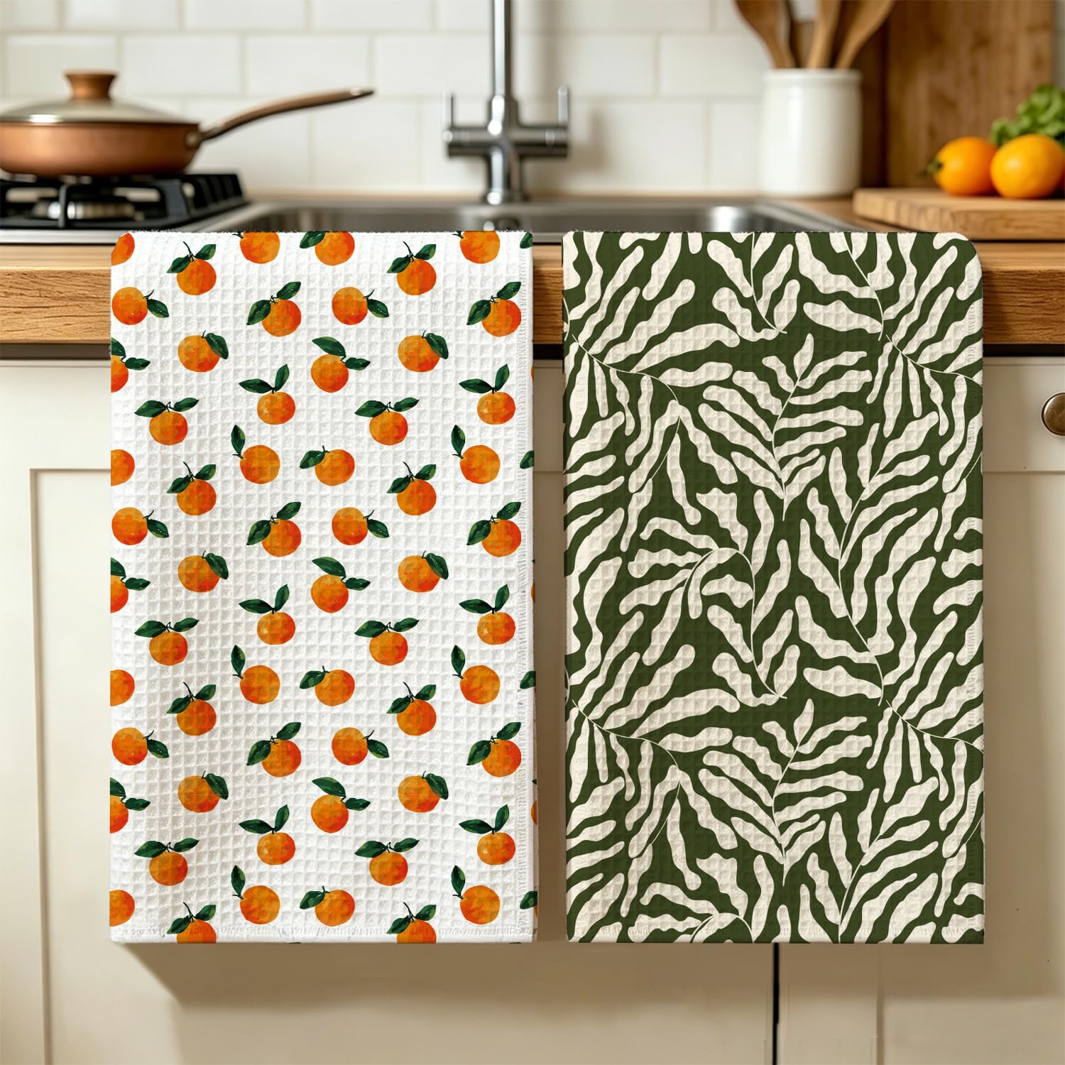 PLIGREAT Confezione da 2 strofinacci da cucina a nido d'ape, con motivo a foglie, in cotone, colore arancione, assorbenti, ad asciugatura rapida, in microfibra sostenibile, 40 x 72 cm