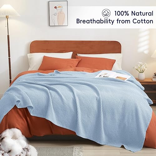 Miniatura 5 de PHF - Cobija tejida en punto gofre, de 100% algodón, decorativa, de 50 x 60 pulgadas, ligera, lavada, suave, acogedora, transpirable, para sofá y