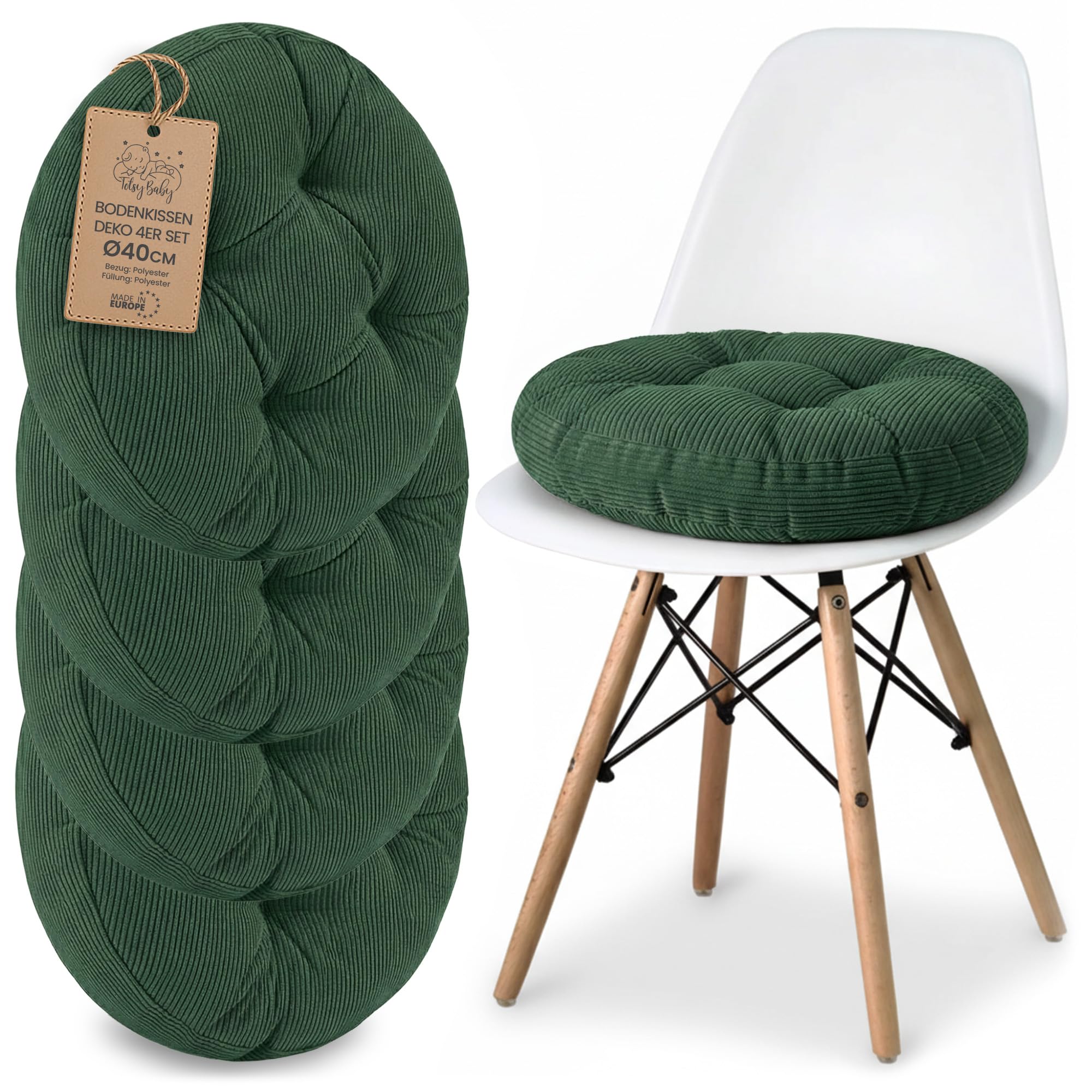Amazinggirl Cojín Silla Comedor Redondo 40 cm - Juego de 4 Cojines para sillas Cocina Interior Asiento Acolchado Estilo escandinavo Suave Lavable Terciopelo acanelado Verde