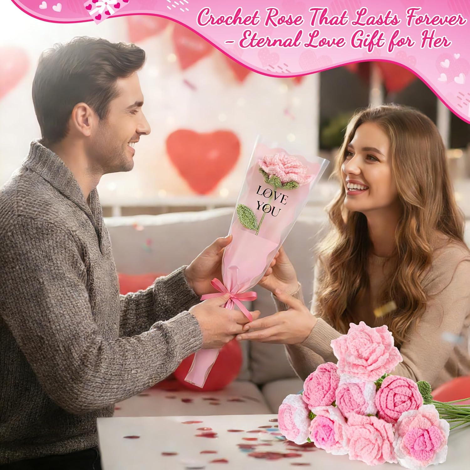 Zeyune 8 Pcs Valentine's Day Crochet Rose Flowers Handmade Knitted Roses Bouquet Finished Handmade Flower Artificial Rose Flowers Bulk for Women Valentine's Day Party Favor (Pink)