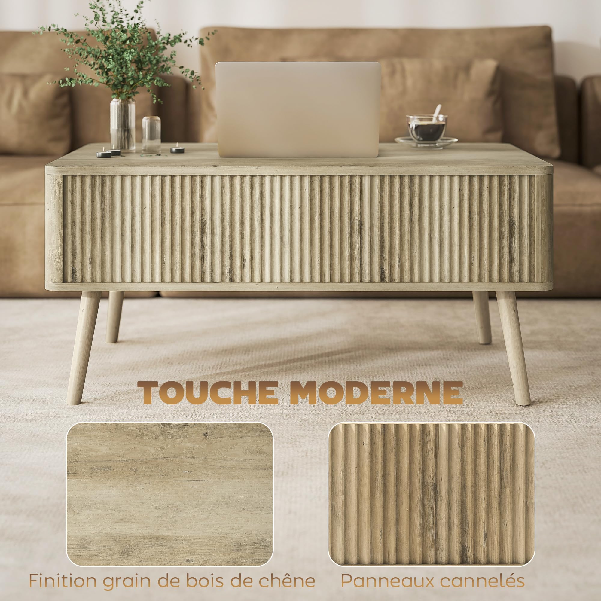 HOMCOM Table Basse Relevable 2 Compartiments Cachés 91 x 56 x 43 cm Chêne