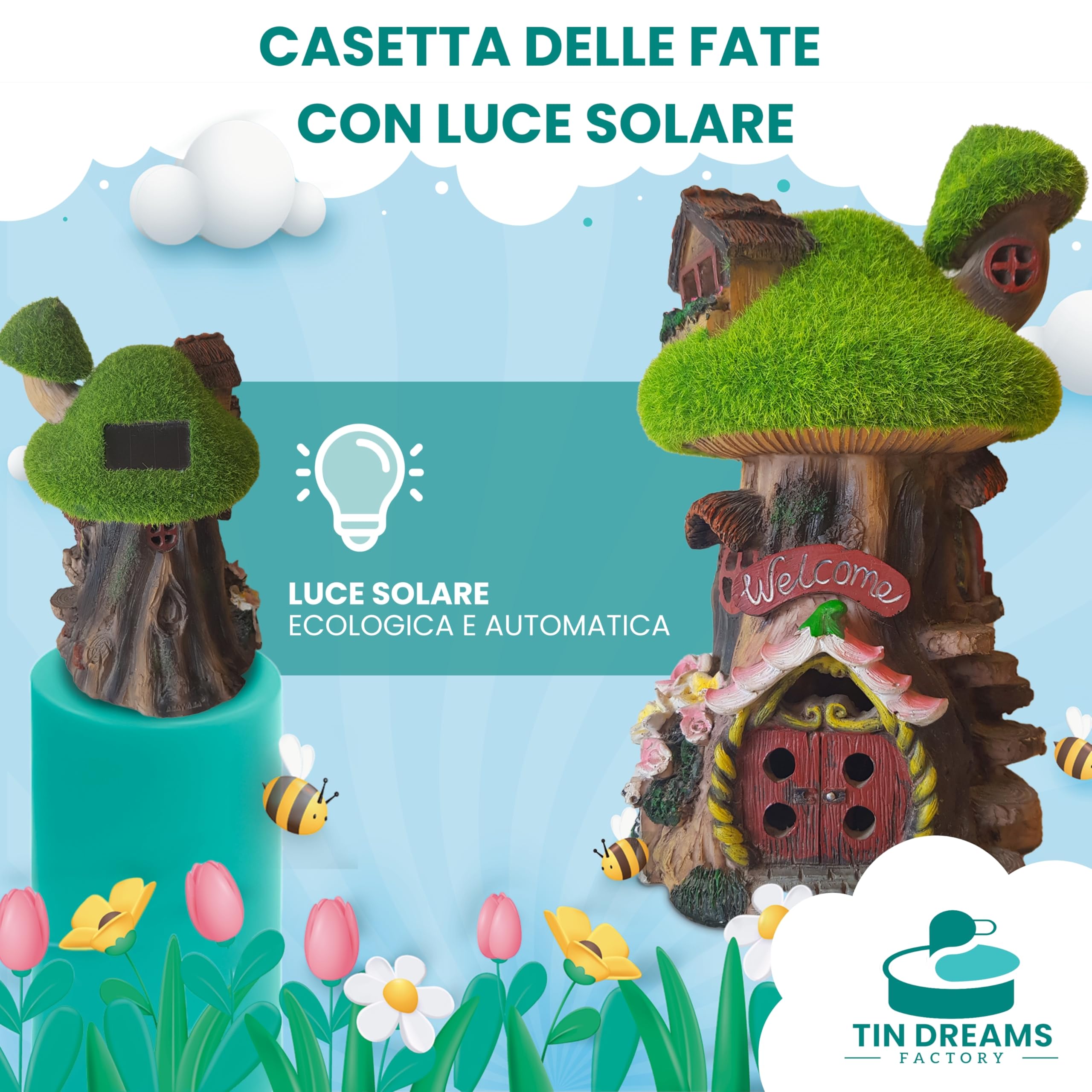 Fairy Tree House Casetta Fate Giardino Luce Solare Resina Decorazione LED