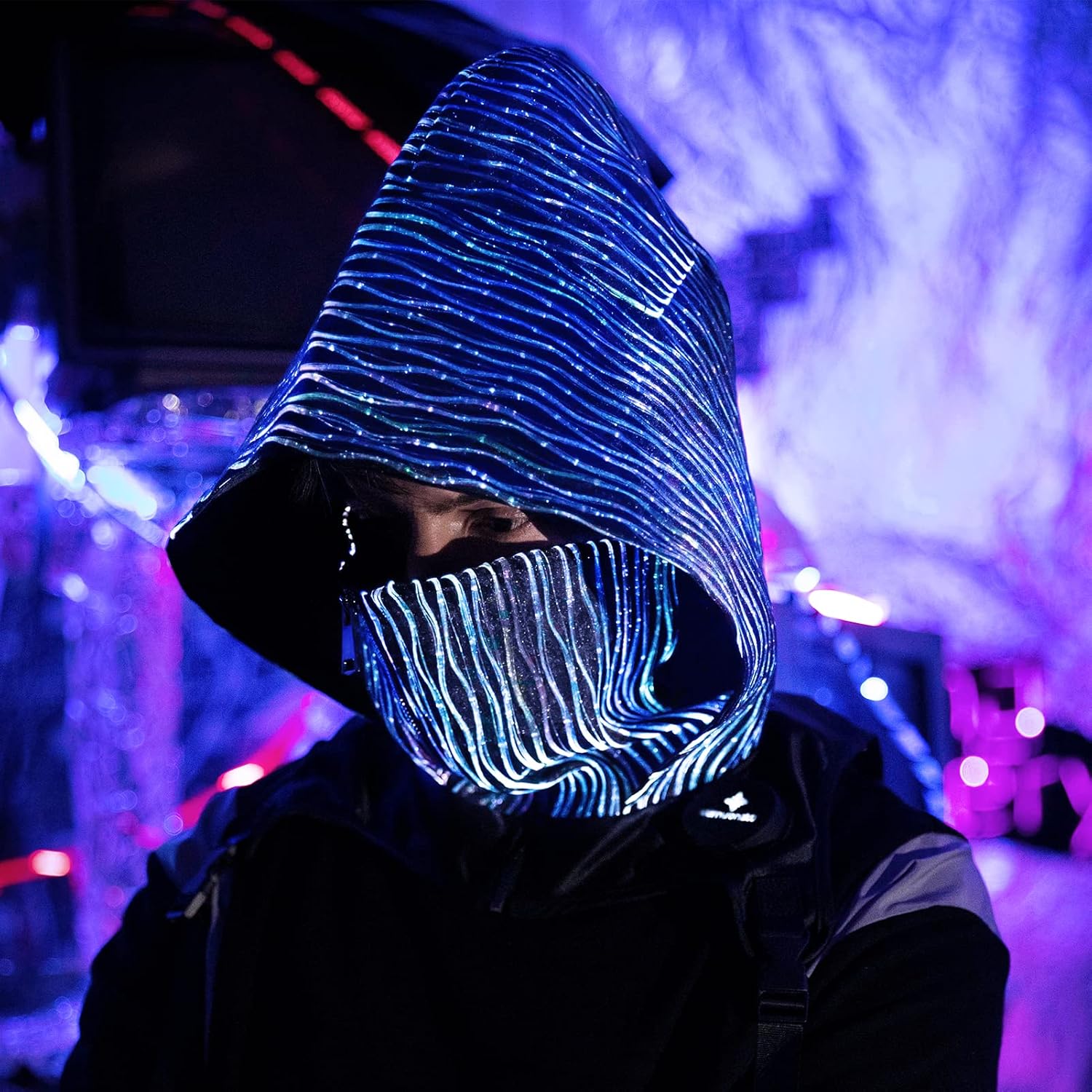 Cowl Hood Light up Hat LED Rogue Hood Cosplay Mask Luminous Festival Accessories Punk Techwear Cape Futuristic Clothing Flashing Hat for Men Glow in The Dark Outfit Outdoor Costume - Image 3
