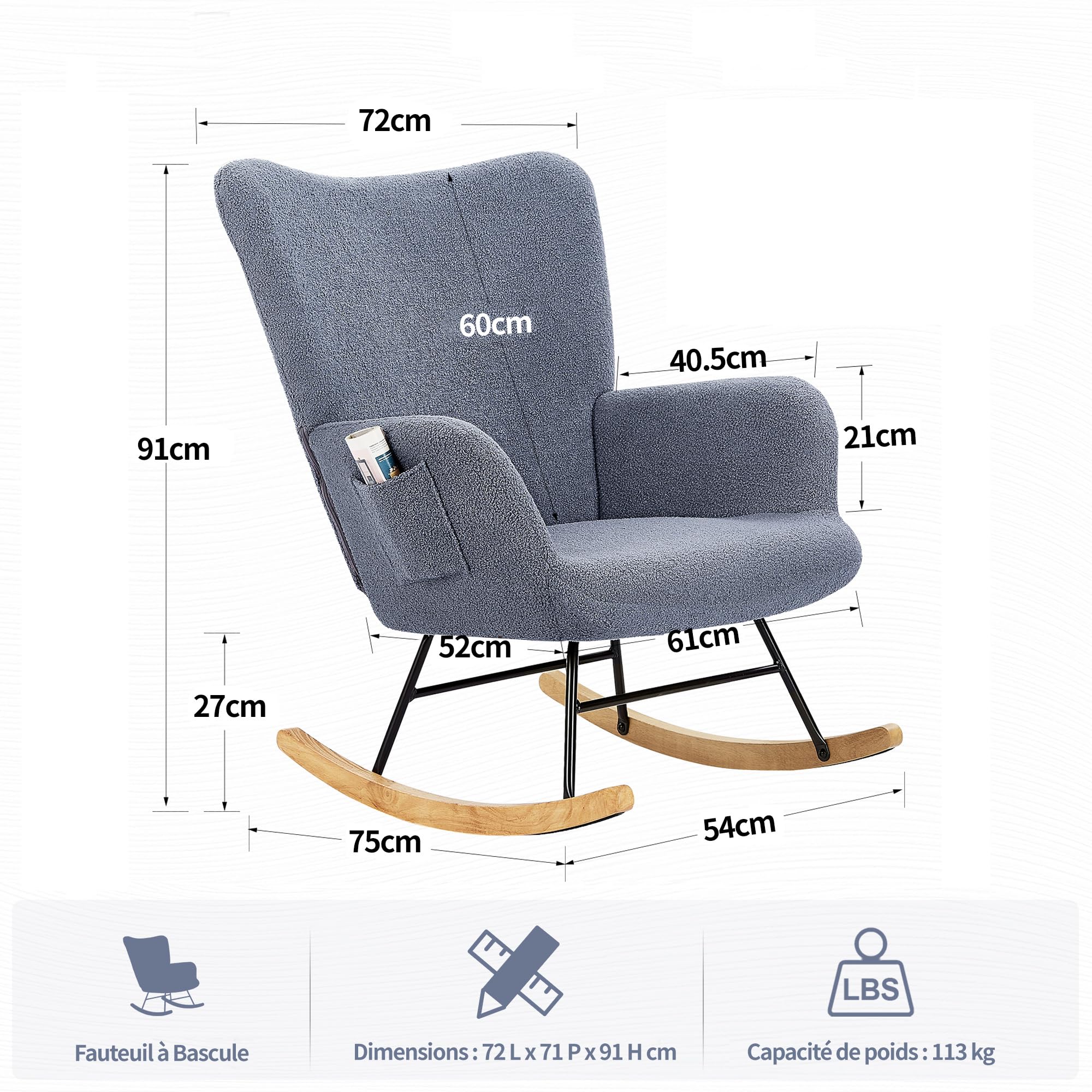 VECELO Fauteuil à Bascule Allaitement Moderne en Tissu Bouclé, avec Dossier Haut, Accoudoirs et Poche, Structure en Acier, Pieds en Bois Massif, pour Chambre, Salon