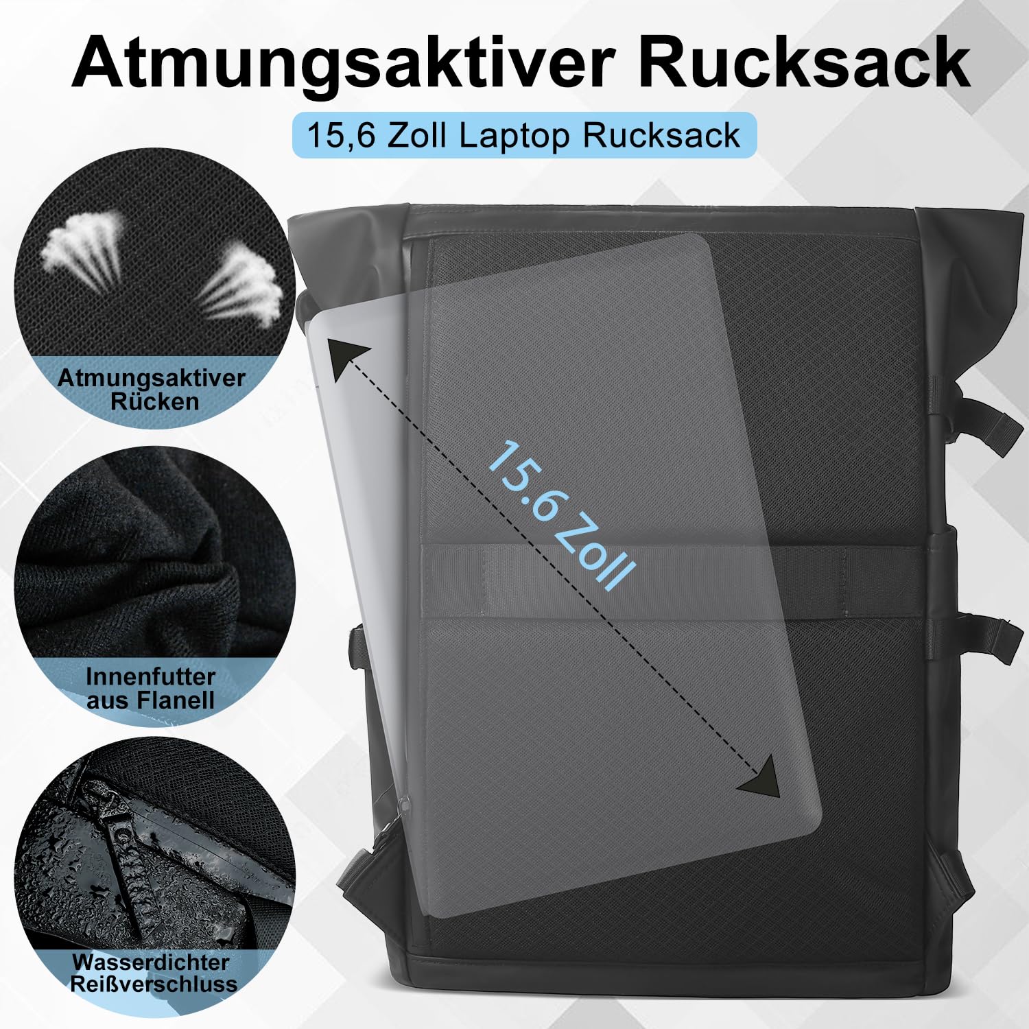 hk RollTop Rucksack Herren Damen 15,6 Zoll Laptop Rucksack Erweiterbar | Großer USB-Ladeanschluss Wasserdichte Anti-Diebstahl Rucksack für Uni Arbeit Reisen Sport